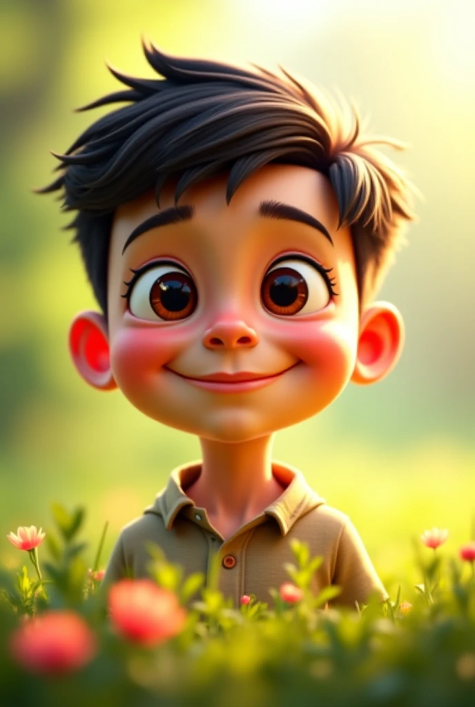 child, male. He is happy and has a sparkle in his eyes. White with black hair. realisitic