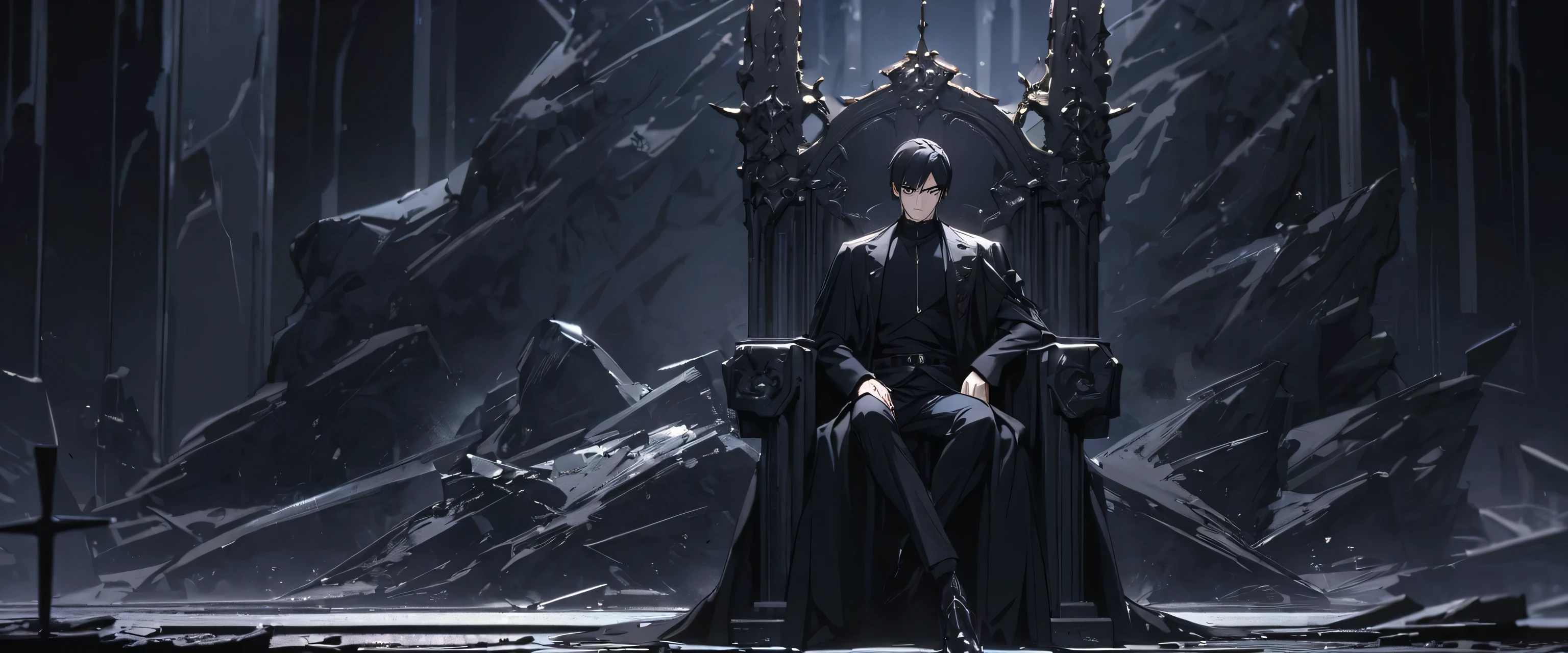 High Quality , High Definetion,handsome, alone, 1 man, short hair, black hair, blue eyes, black shirt, black coat, sitting on a throne, cross-legged, behind him are floating black daggers, wide dark landscape, cool pose