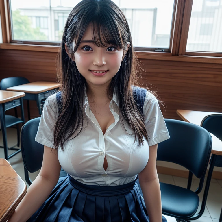 (2girls),(laugh,embarrassed:1.4),8k,RAW portrait of japanese girl,80mm,ultra high res,best quality, BREAK (Wet clothes),round eyes,selfie,a lot of depth,play room,(school uniform,Collared shirt,no bra:1.2,pleated skirt),sitting on floor,ultra huge breasts,from below, BREAK (natural skin texture,detailed skin, hyperrealism,ultra sharpness),intricate details,high resolution, natural lighting,