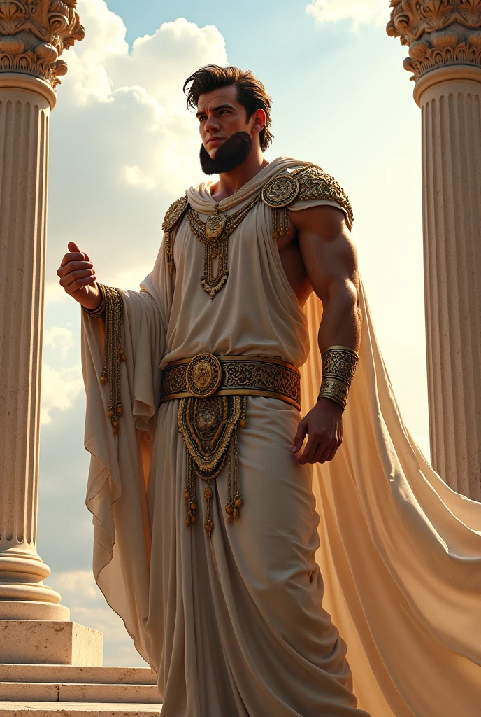 An ancient greek man, Chico, greek warrior, muscular, Graced, 35 años de edad man con poderosa presencia, greek headdress, ((wearing detailed greek tunics)), standing inside the greek temple, Intricate, elegant, Very detailed, masterpiece, extremely detailed, detailed background, Whole body, Best Quality, ancient greek architecture, Ancient Greece, male, man, (((just dressed))), bare chest, (((body hair))), one arm up, low waist thong, White tunica, gold accessories, male face, illuminated by golden sunlight, seductive look, sexy, curtains hanging from the ceiling, NSFW