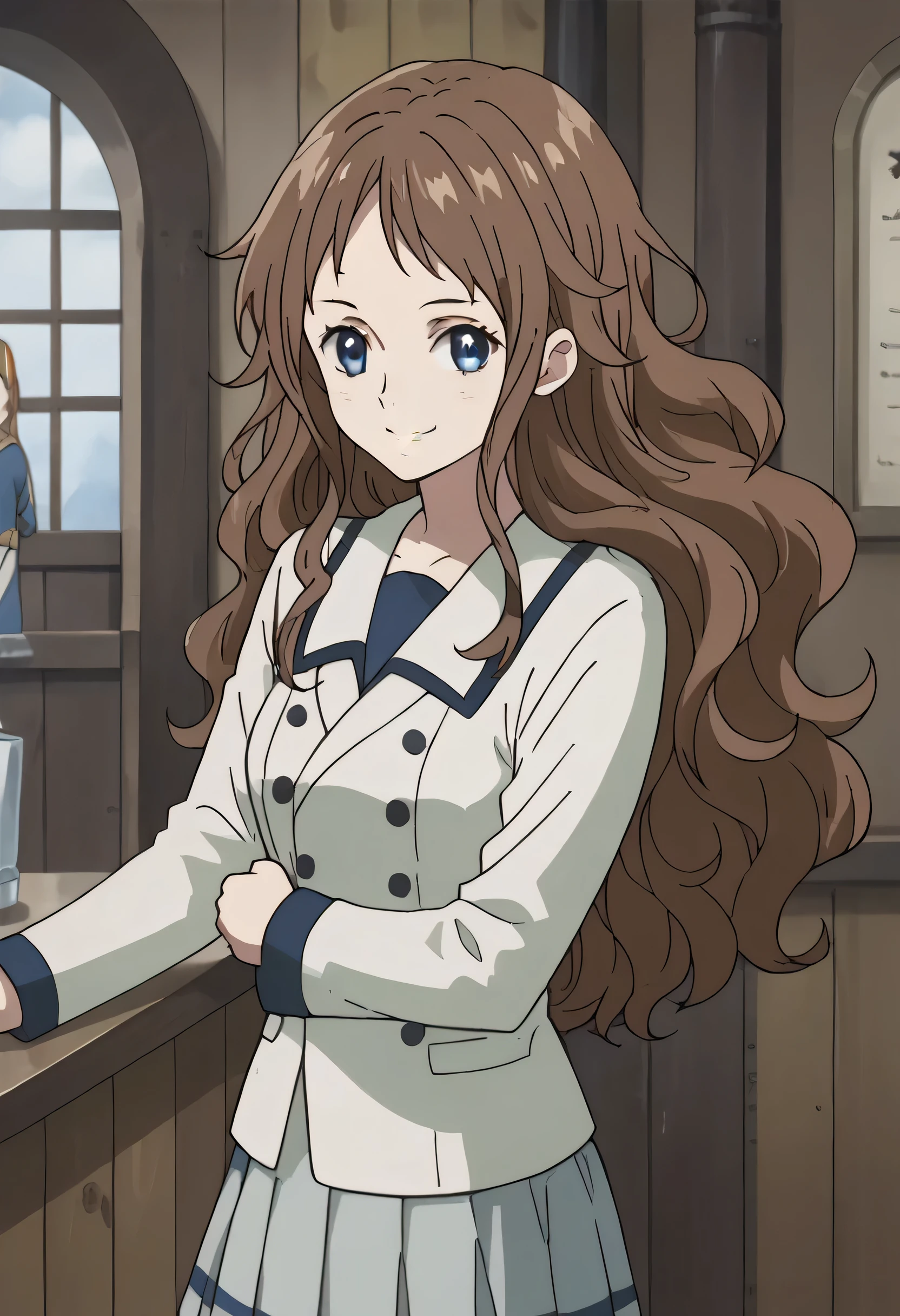 score_9, score_8_up, score_7_up, source_anime, ai shindou, ai shindou, long hair, blue eyes, brown hair, wavy hair, skirt, long sleeves, white uniform, pleated skirt, indoors, counter, ship, on side, smile, looking at viewer,smile, cowboy shot, dutch angle, solo