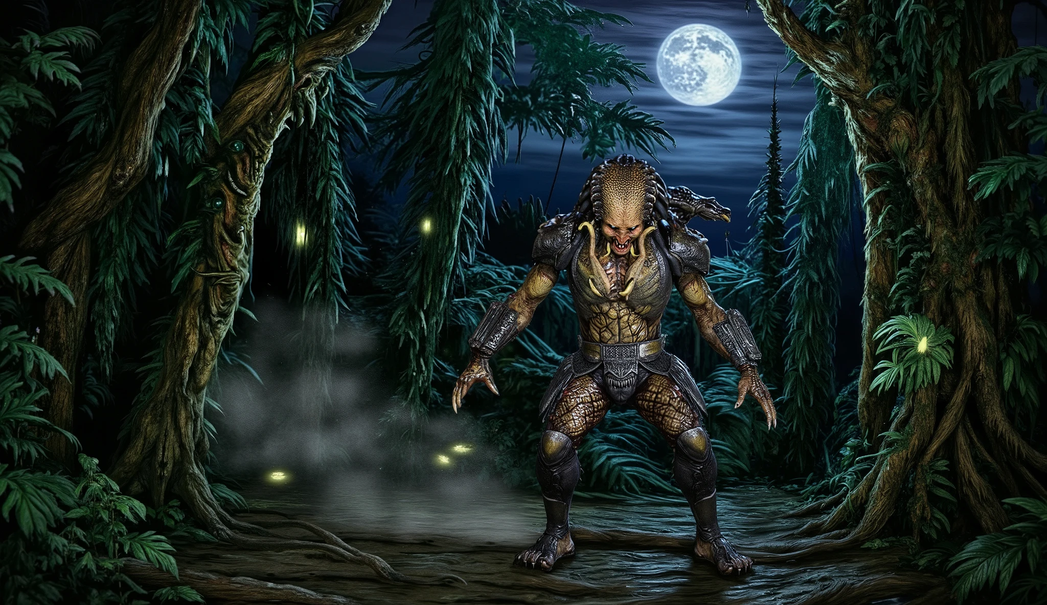 "A powerful predator standing in a dense jungle at night, captured from a side view. The creature is muscular and battle-hardened, its sharp claws and fangs glinting under the faint moonlight. Its glowing eyes scan the darkness, ready to strike. The jungle is thick with towering trees, twisted vines, and dense foliage, creating an eerie and mysterious atmosphere. Mist rises from the damp forest floor, partially obscuring the predator's lower body. The night is alive with distant sounds of wildlife, while faint bioluminescent plants and fireflies cast a ghostly glow around the scene. The predator's skin has natural camouflage, blending into the jungle but still visible in the moon’s dim glow, giving it an ominous and intimidating presence."