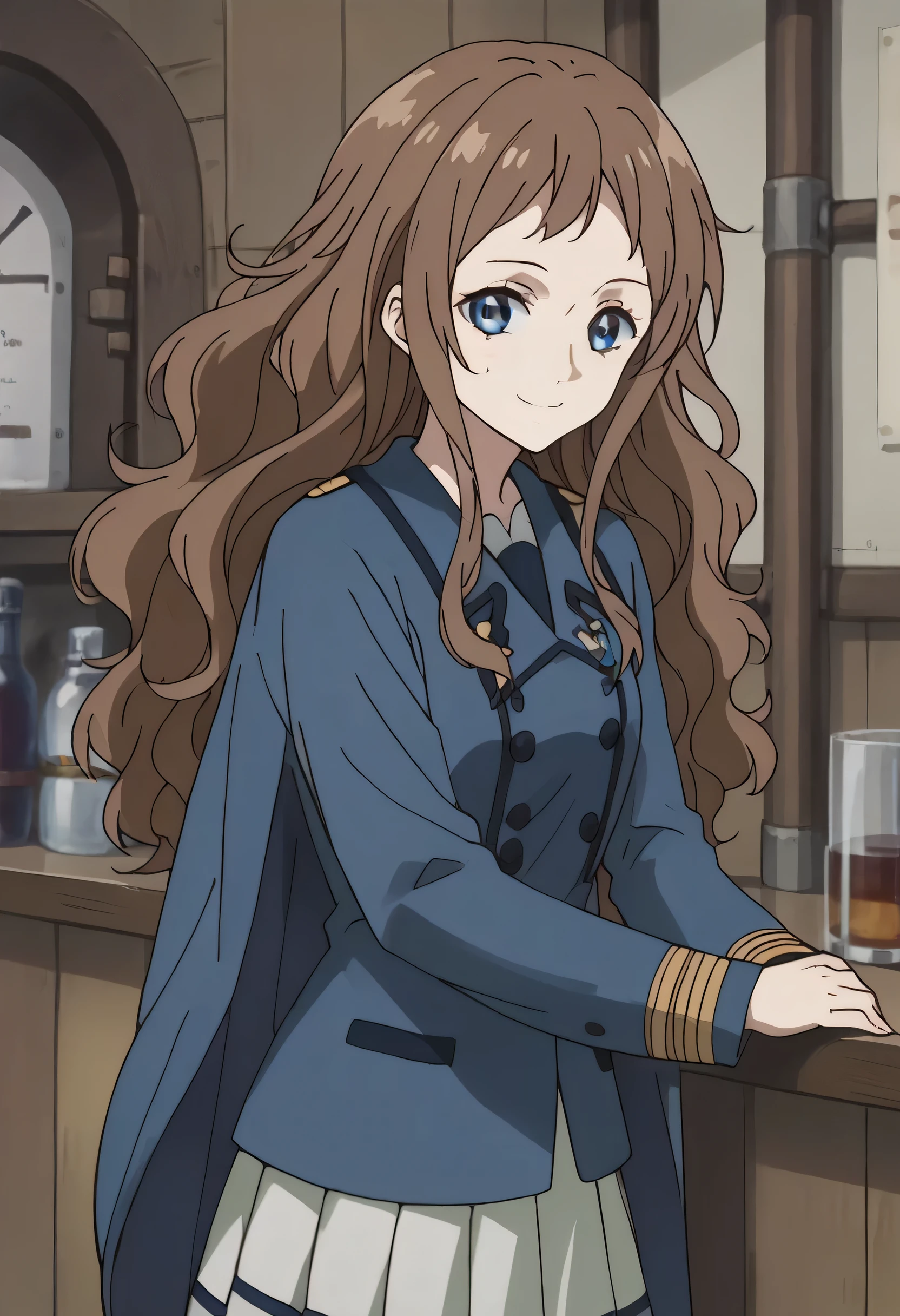 score_9, score_8_up, score_7_up, source_anime, ai shindou, ai shindou, long hair, blue eyes, brown hair, wavy hair, skirt, long sleeves, white navy uniform with blue cape, pleated skirt, indoors, counter, ship, on side, smile, looking at viewer,smile, cowboy shot, dutch angle, solo