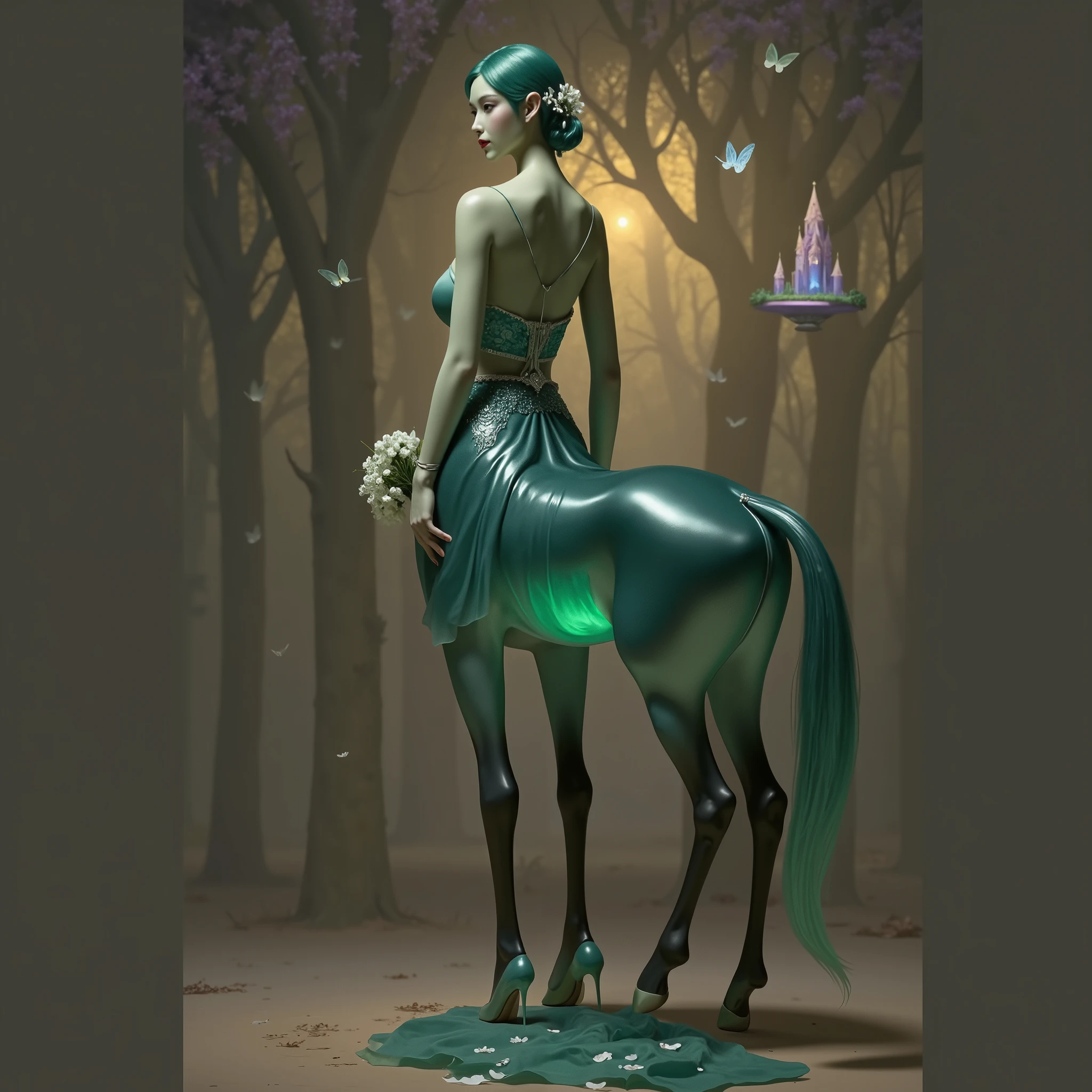 "An elegant jade centaur bride,The upper body is a young woman with a soft skin tone,Wearing a long lace veil inlaid with pearls,Holding a bouquet of lily of the valley,Hair decorated with star dew petals。The lower body is a toned white horse,Covered with a silk wedding dress skirt that drags five meters on the ground,The skirt is covered with three-dimensional crystal embroidered vine patterns,A gradient stardust tulle hangs down from the waist。The background of the picture is a magical forest in the morning light,Transparent light butterflies circle the sky,Morning dew sparkles on spider webs,In the distance, a group of unicorns and a floating crystal castle can be seen。Using a soft focus lens effect,The color tone is a fusion of light golden morning light and misty purple,Highlighting the luster and fluidity of the silk fabric。Fantastic realistic style ,8K resolution rendering,Full of Tolkien's epic feeling and Victorian wedding dress details"