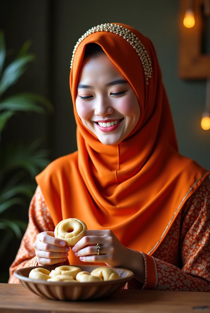 a 17 year old woman wearing a hijab in a long dress, sitting in front of a table full of various bananas, some of the bananas cut in half are put in a transparent plastic food container, the texture of the banana looks authentic, some of the bananas are put in a bamboo basket, wearing a traditional batik apron from java indonesia, 4k photography, connection, generating joy, flower market, art contest winner, amazing photo quality, indonesian traditional market, 1024×1024