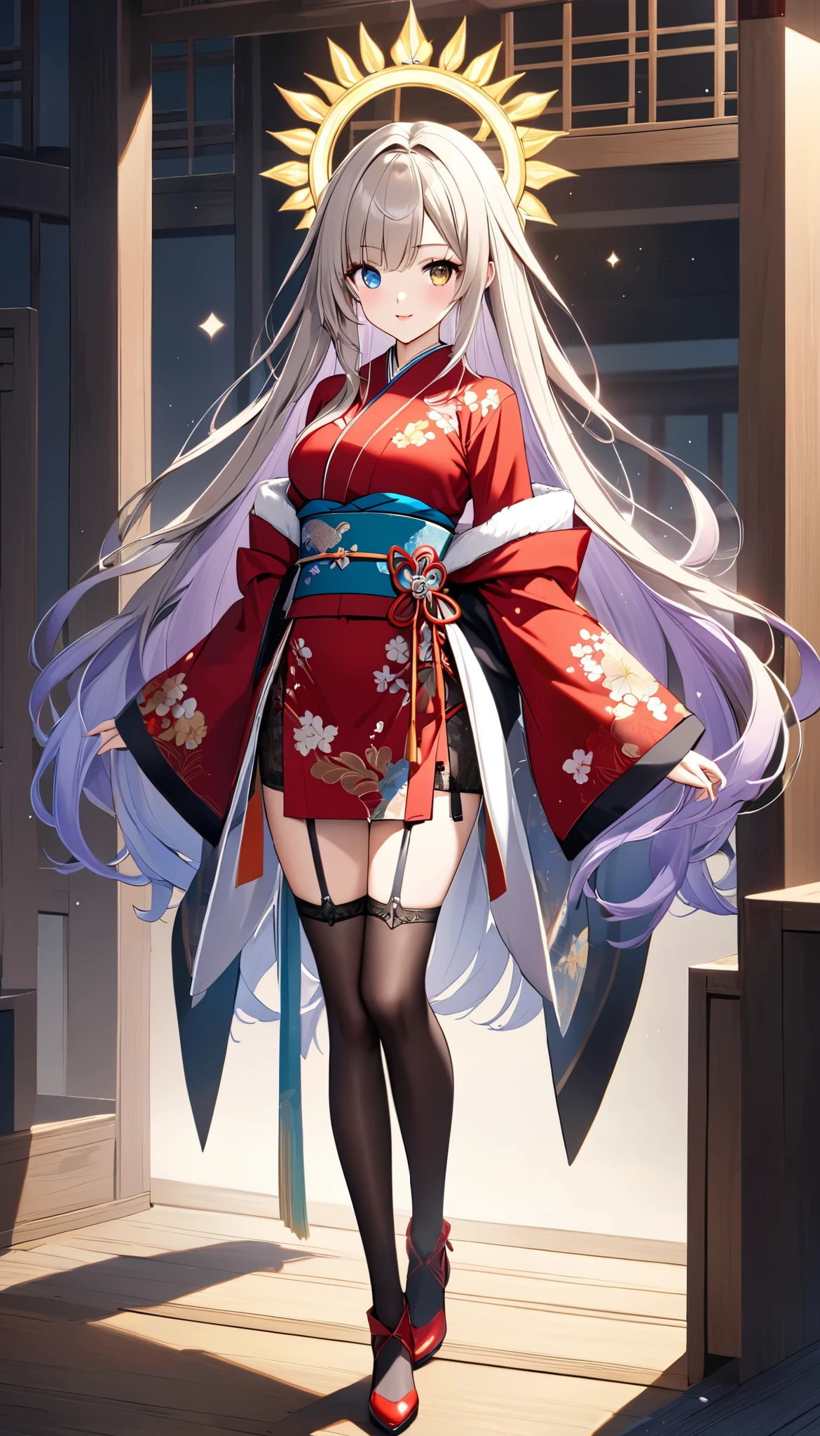 1girl ,
{standing}
height 158 cm,
Alone,
Beige Skin,
Cheeks are ruddy,
{{The iris of the left eye is yellow and the iris of the right eye is blue-mauve}},
{{Complete iris heterochromia }},
beautiful eyes,
large black pupils ,
{{super long hair}},
Gold,
the tips of the hair are whitish ,
The hair has gradation ,
shiny hair,
young but beautiful and bewitching face ,
The lips are extremely small,
Smiling,
A small, shining halo is floating above her head.,
the tips of the eyebrows are slightly lowered ,
the upper body is worn in kimono ,
mega breastsは柔らかそう,
Slim waist,
thin legs,
The lower body is long, transparent clothing in the style of a Chinese dress with slits on both hips,
The color of the obi is red ,
The obi is tastefully embroidered with silver thread.,
magnificent々New clothes,
fine fabric clothing ,
Thong underwear,
garter belt in front of me,
stockings,
the thigh strap cuts into the skin ,
Are the tips of long boots Japanese style,
Isometric,
golden ratio,
god々 atmosphere,
She is wearing a stand-up collared undershirt.,
tactical use of shadows ,
the ring of the head and hair fit inside the frame ,
Clothes fit inside the frame ,
{full body}
facing the front,
fresh illustration ,
Superfine painting,
very delicate illustration ,
Very fine details ,
