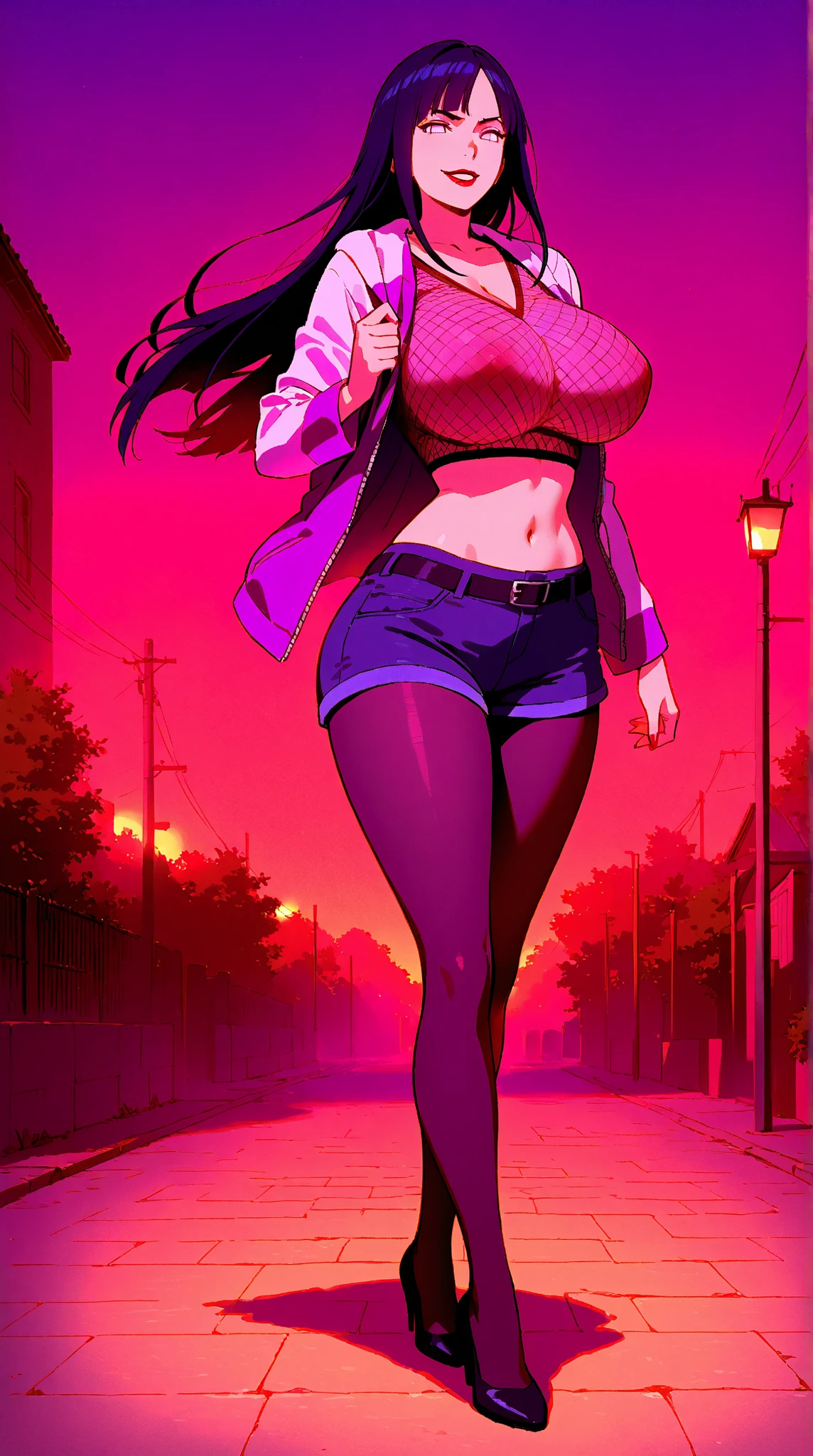 Mine Fujiko, large_breasts, seductive_smile, brown hair, , outdoors, rooftop, cityscape, building, railing, night, night sky, scenery, moon, city lights, blush, lipstick, masterpiece,high quality,4k,jacket, bare shoulder,belly,crop top,outdoor,cleavage,jeans,casual dress,street,road,smile, open mouth, (nsfw) not safe for work, holding a gun,handgun, evil expression, exposed belly, exposed navel, exposed midriff, exposed lower belly, crop top overhang, underboob, unbuttoned jeans , low rise black jeans, Low rise jeans, Low rise jeans with open fly