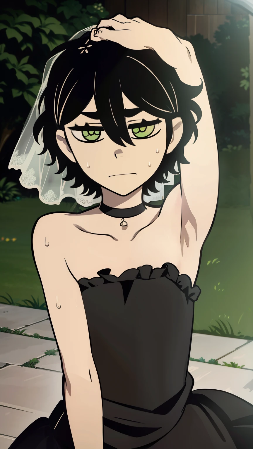 Highres, Masterpiece, Best quality at best,Best Quality,hight quality, hight detailed, Anime style, 1boy, Shota, young boy, Young andy graves, hair between eyes, closed mouth,black hair, green eyes, Slim body, messy hair, bright pupils, look at viewer,Inside a church, Style of wedd00ing, Strapless dress, Bare shoulder, Transparent veil covering head, Flowers on head, choker, Flat chest, upper body, simple beckground, (very young boy), (very small and short body), simple beckground, hansome boy, Uhd, bokeh, sweat
