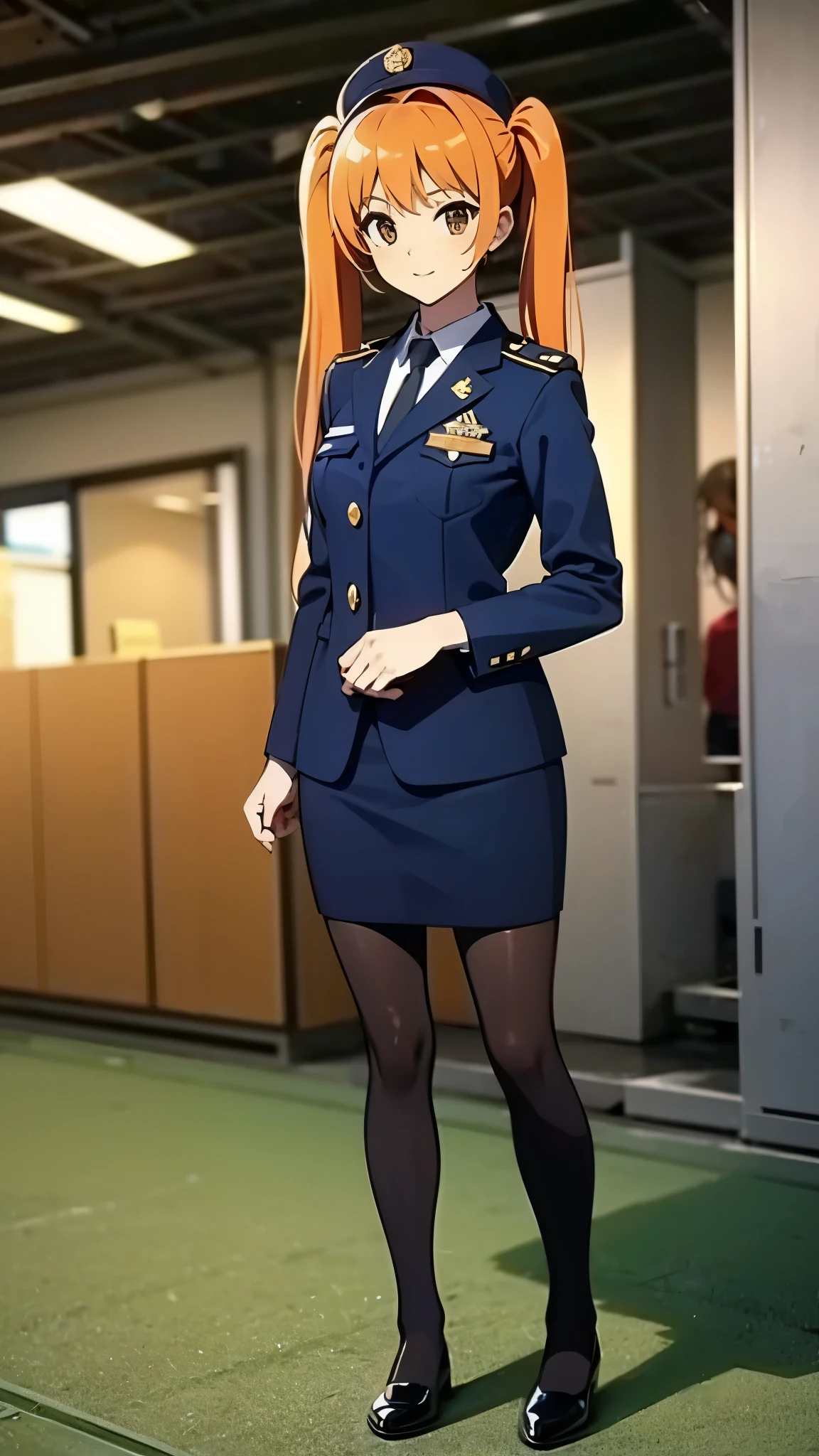 inside city, wearing dark navy blue policewoman uniform, black pumps, black pantyhose, break anime style, masterpiece, best quality, break, orange hair, break high bridge, BREAK super straight hair, BREAK long side twin tails, break standing, full body shot,