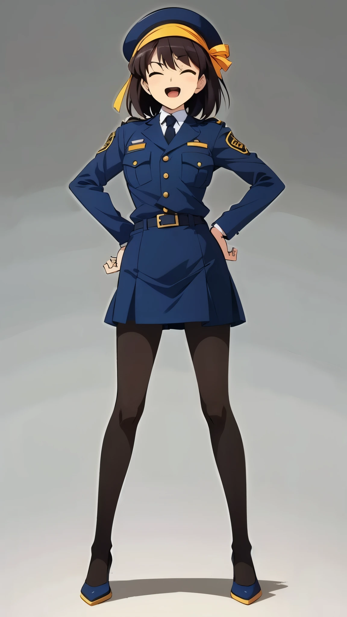 in the city, break anime style, 8k, masterpiece, ultra high res, focus upper body, wearing policewoman uniform, black pumps, black pantyhose, break, yellow headband, one eye closed, standing, full body shot,