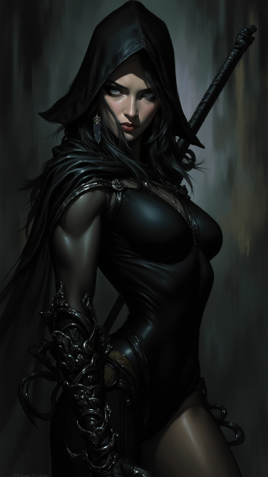 ((Best quality)), ((masterpiece)), (highly detailed:1.3),a woman long hair, bangs, leather corset, black lipstick gloves grotes, gothic scenery, serious look