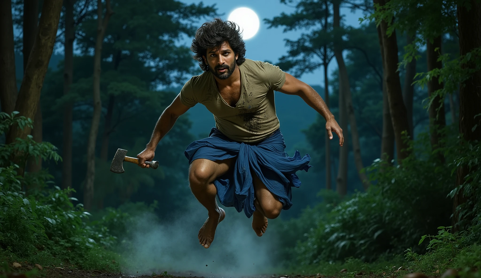 "A rugged man with thick, wavy hair and a beard, resembling Allu Arjun as Pushpa Raj, captured mid-air in an intense side-view jump, holding an axe in one hand. He is wearing a blue lungi and a dirty t-shirt, with sweat and dirt on his face. The background features a dense jungle at night, with moonlight filtering through the tall trees, casting dramatic shadows on the forest floor. Mist lingers in the air, enhancing the raw and action-packed atmosphere. His expression is fierce and determined, embodying the strength and agility of a smuggler in the wild."