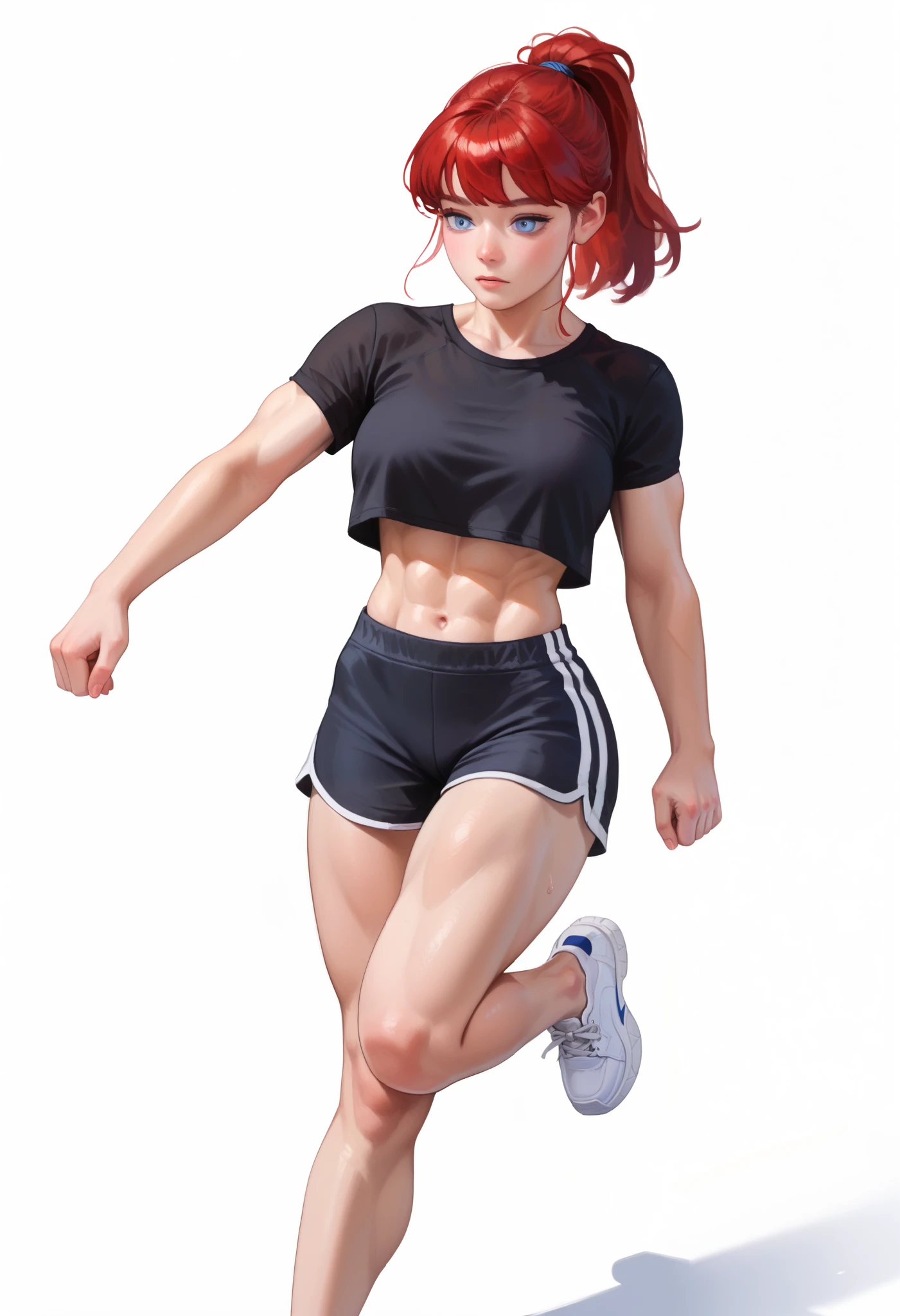 ((White background)) ((Korean girl)) ((1girl)) , (solo girl) ,24 years old, rathing_questionable , detailed eyes, (Red hair tied in a ponytail) blue eyes, (Black crop top tank:1.3), white sneakers ,(Black shorts:1.2) (under boob:0.8), ((muscular:0.3)) ((breasts:0.7)) ((thin:0.6)) ,strong , (sexy) tall ,Long legs ,((jogging:1.4)) bend down and press your knees (Tired)
