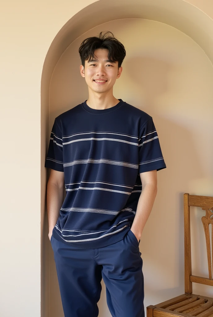 (Masterpiece, best quality:1.2), realistic photography handsome men, messy hair, black tshirt, standing on the window in the room