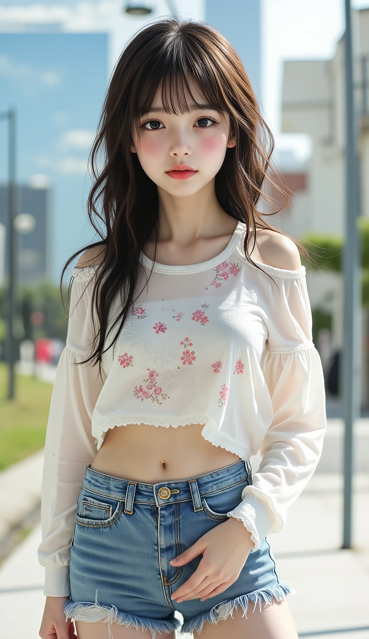 ((top quality)), ((masterpiece、High sensitivity、 High Resolution、up to the entrance、 Draw a delicate face))、Beautiful breasts、bust up、 ((, Transcendental Young Face, idol face)), (Beautiful girl)、 Slender Woman、 stylish hair 、Mischievous Smile 、(Cute uniform)、 Countryside Scenery、(detailed hands:1.3, perfect right hand:1.2), (detailed feet:1.3, Perfectly correct foot:1.2), (Beautiful body line visible in backlight)、(Slender body line drawing delicate eyes and face), (Tight Waist)、 small nice ass、( beautifully shaped crotch:1.3), (perfect anatomy:1.2)