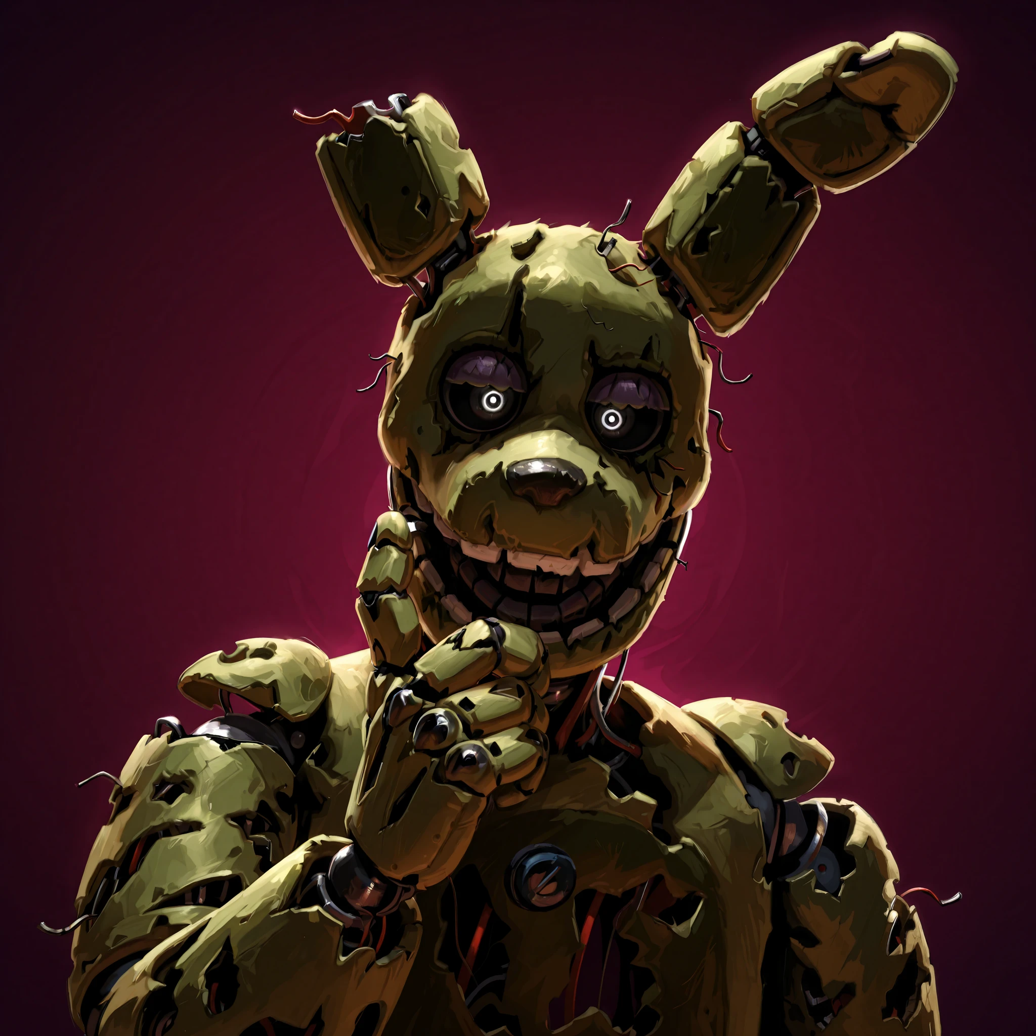 score_9, score_8_up, score_7_up, solo, masterpiece, best quality, amazing quality, absurdres, newest, high res, ultra detailed, best quality, best artwork, detailed eyes, (eyes focus), perfect eyes, 4k, ultra quality, perfect face, realistic:0.5, (ultra realism), (((at night Completly Balck lighting)), Fnaf_3, springtrap, animatronic, robot, open mouth, black sclera, black eyes, facing viewer, thinking, sinister feeling, dark purple lighting