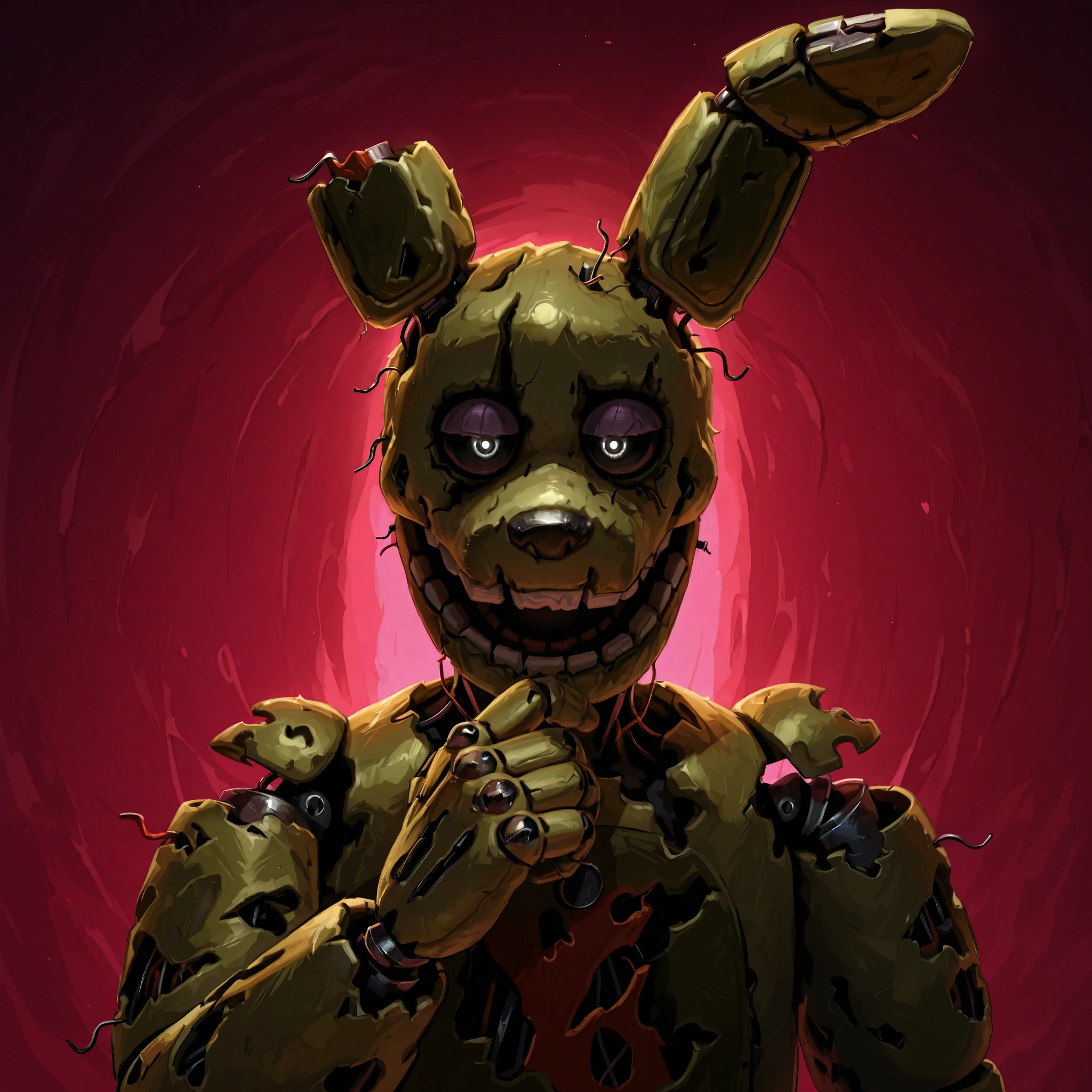 score_9, score_8_up, score_7_up, solo, masterpiece, best quality, amazing quality, absurdres, newest, high res, ultra detailed, best quality, best artwork, detailed eyes, (eyes focus), perfect eyes, 4k, ultra quality, perfect face, realistic:0.5, (ultra realism), (((at night Completly Balck lighting)), Fnaf_3, springtrap, animatronic, robot, open mouth, black sclera, black eyes, facing viewer, thinking, sinister feeling, dark purple lighting