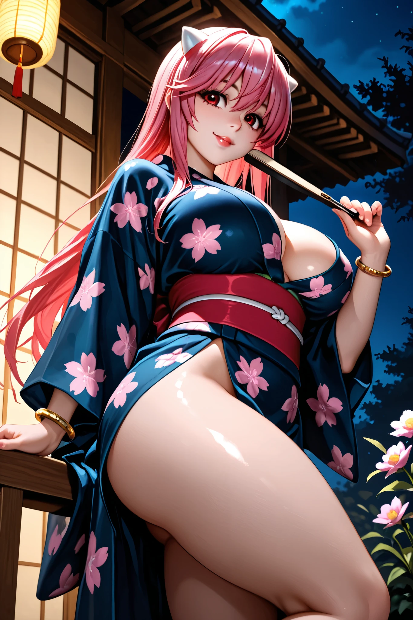 {Best Quality}, {very aesthetic}, {Ultra-detailed}, {Best Illustration}, one girls, japanese kimono, Kimono with butterfly pattern, nsfw, tits out, {nude}, Lots of love juice, Pussy, Spread legs, Pink hair, sex