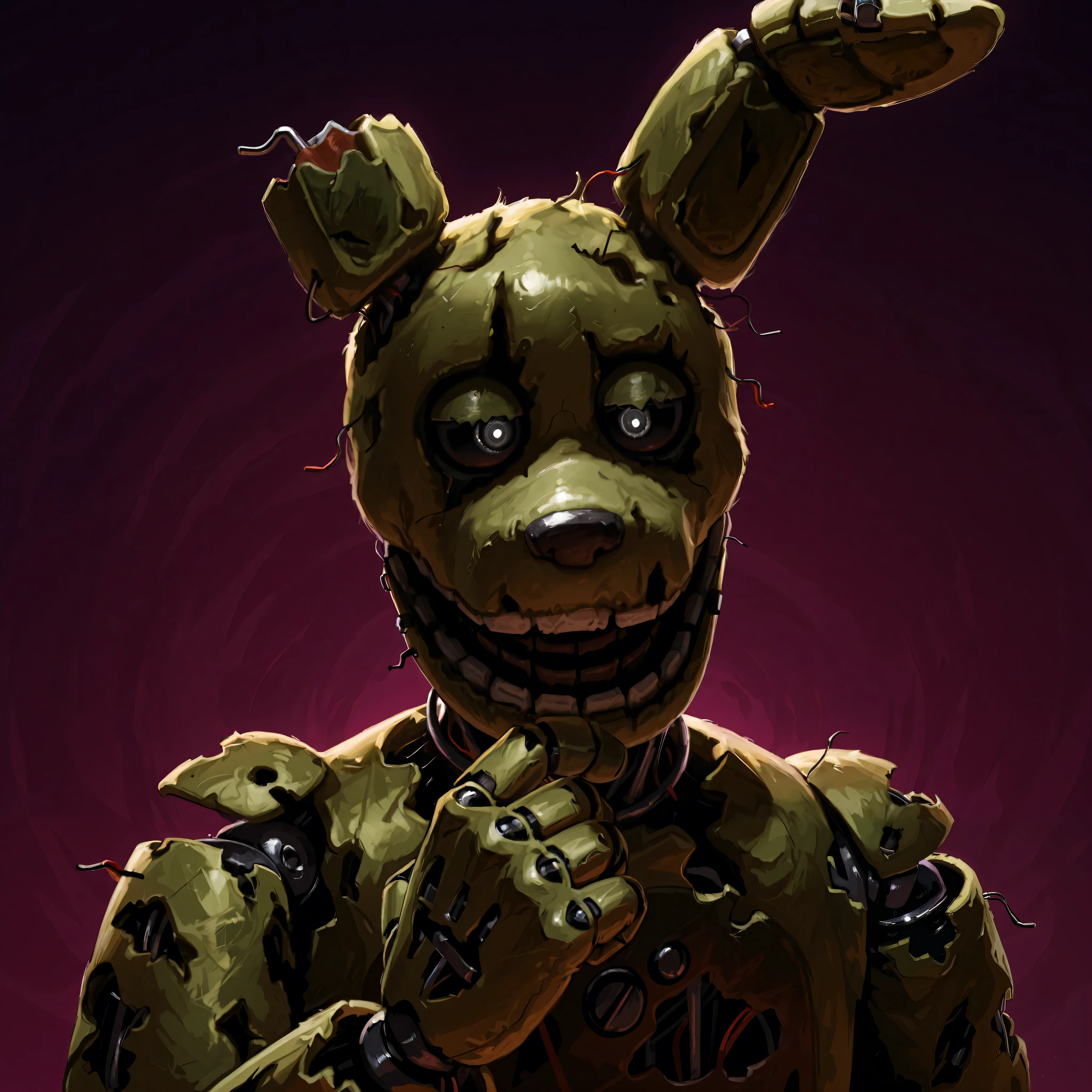 score_9, score_8_up, score_7_up, solo, masterpiece, best quality, amazing quality, absurdres, newest, high res, ultra detailed, best quality, best artwork, detailed eyes, (eyes focus), perfect eyes, 4k, ultra quality, perfect face, realistic:0.5, (ultra realism), (((at night Completly Balck lighting)), Fnaf_3, springtrap, animatronic, robot, open mouth, black sclera, black eyes, facing viewer, thinking, sinister feeling, dark purple lighting