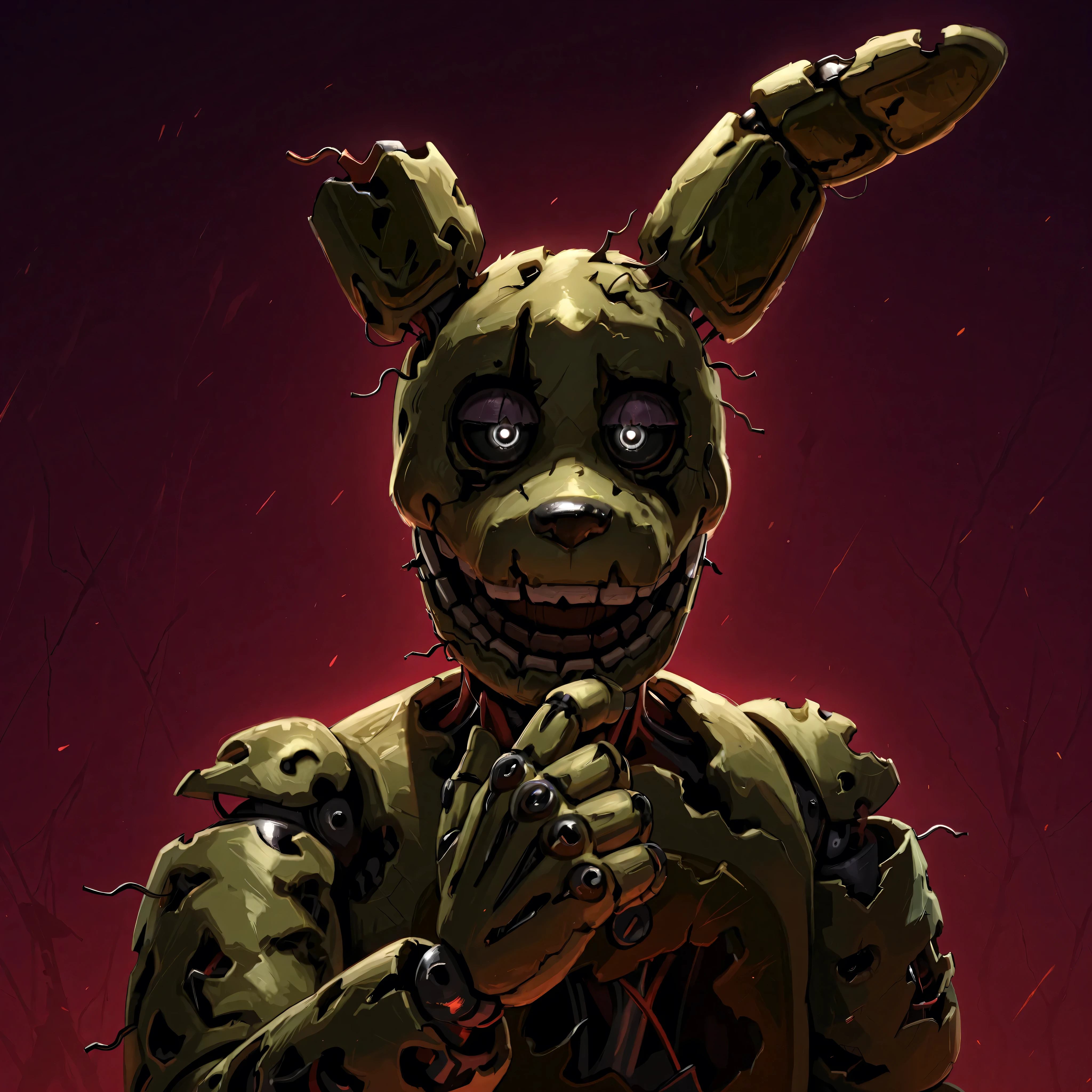 score_9, score_8_up, score_7_up, solo, masterpiece, best quality, amazing quality, absurdres, newest, high res, ultra detailed, best quality, best artwork, detailed eyes, (eyes focus), perfect eyes, 4k, ultra quality, perfect face, realistic:0.5, (ultra realism), (((at night Completly Balck lighting)), Fnaf_3, springtrap, animatronic, robot, open mouth, black sclera, black eyes, facing viewer, thinking, sinister feeling, dark purple lighting