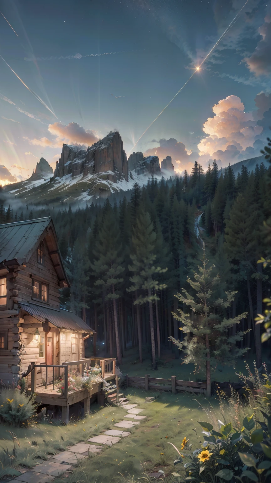 view from below with a view of the sky and the wilderness below,small cabin under the tree, cloud, scenery, outdoors, grass, sunset, star \(sky\), flowers, starry sky, cloudy sky, no humans, twilight, nature, wind, masterpiece, best quality, very aesthetic, absurdres