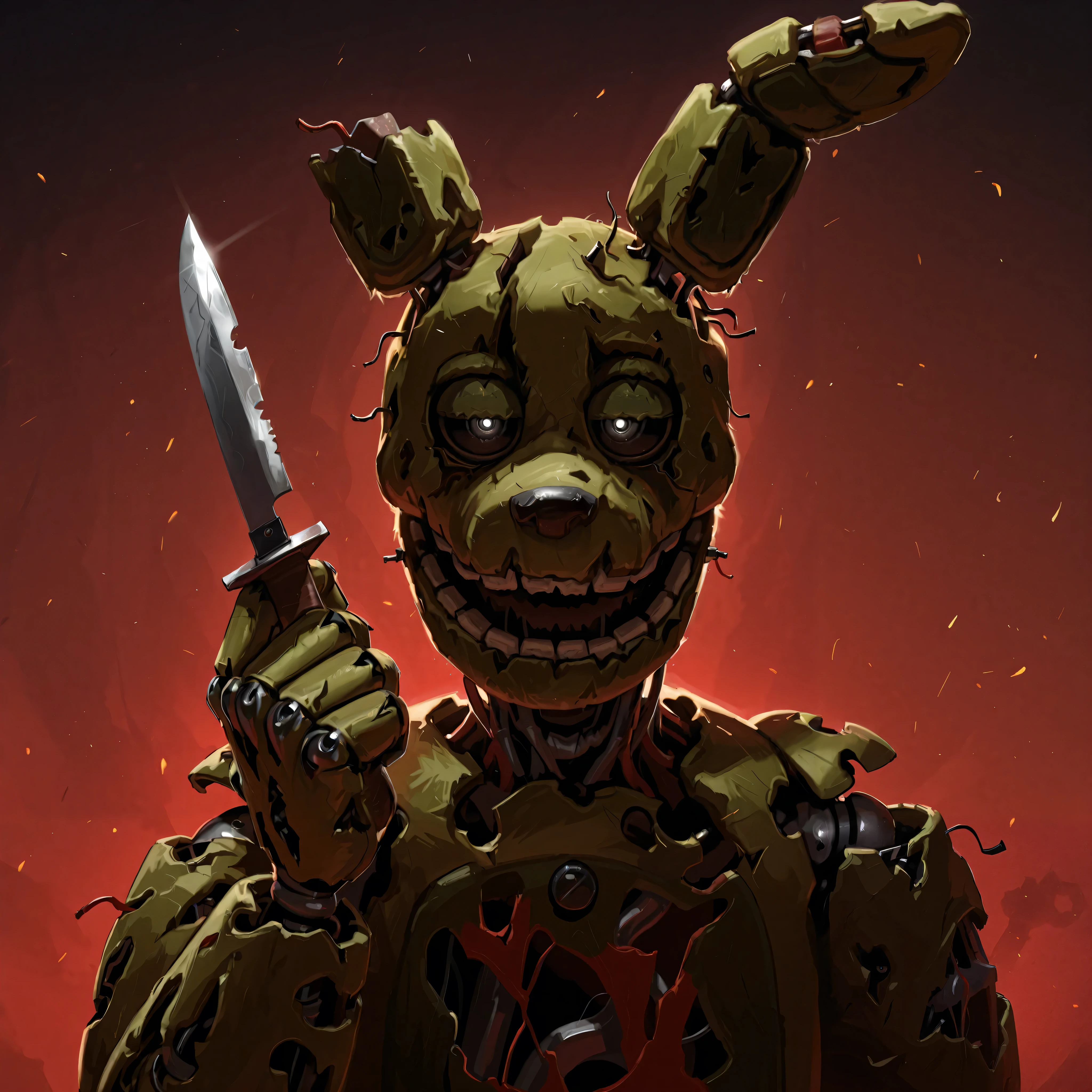 score_9, score_8_up, score_7_up, solo, masterpiece, best quality, amazing quality, absurdres, newest, high res, ultra detailed, best quality, best artwork, detailed eyes, (eyes focus), perfect eyes, 4k, ultra quality, perfect face, realistic:0.5, (ultra realism), (((at night Completly Balck lighting)), Fnaf_3, springtrap, animatronic, robot, open mouth, black sclera, black eyes, facing viewer, thinking, knife in hand, sinister feeling, dark,