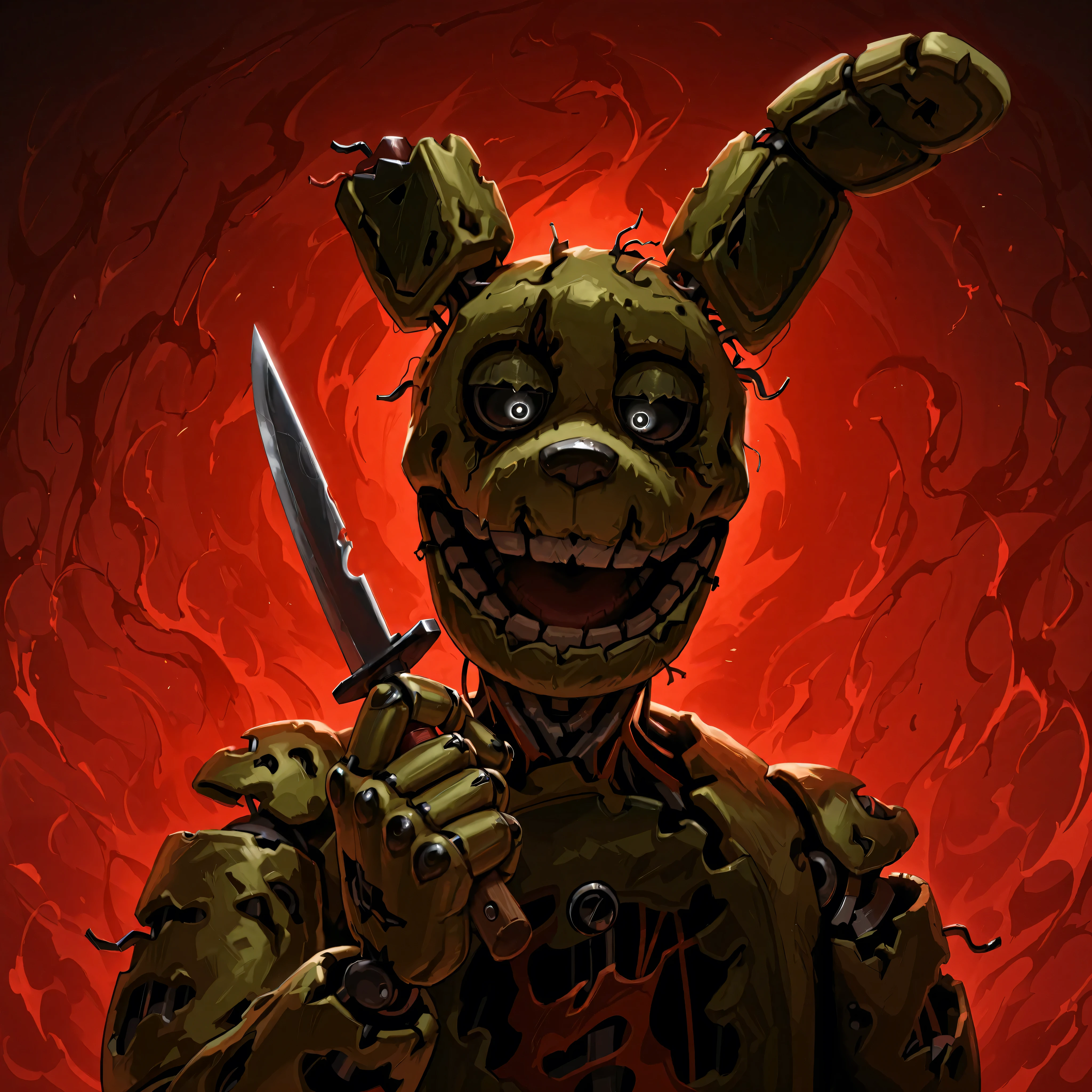 score_9, score_8_up, score_7_up, solo, masterpiece, best quality, amazing quality, absurdres, newest, high res, ultra detailed, best quality, best artwork, detailed eyes, (eyes focus), perfect eyes, 4k, ultra quality, perfect face, realistic:0.5, (ultra realism), (((at night Completly Balck lighting)), Fnaf_3, springtrap, animatronic, robot, open mouth, black sclera, black eyes, facing viewer, thinking, knife in hand, sinister feeling, dark,