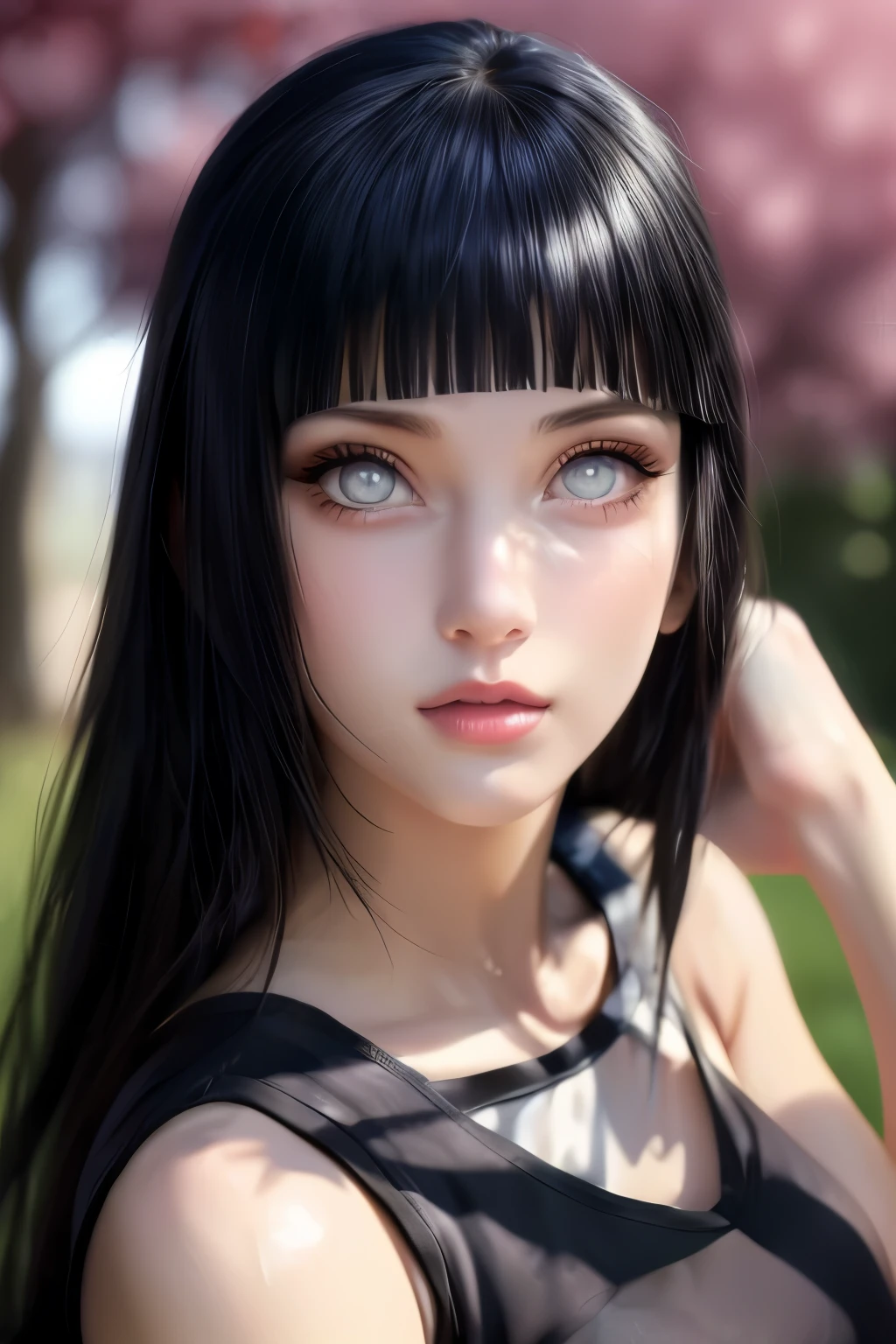 tmasterpiece， Best quality at best， 1girll， Hinata Hyuga ， Large breasts，Off-the-shoulder attire，（cleavage)，（upperbody closeup)，Raised sexy，is shy，ssmile，with black hair， long whitr hair， （Green eyeballs:1.4)， Forehead protection， the cherry trees，Cherry blossoms flying，Red clothes，Zipper half ,realisticphoto ,animerealitic, realistic , perffeck charakter , quality detail , ultra high , anime from realistic , shoflen byakugan ,1girl, Hinata Hyuga , in anime Naruto , short hair, black hair, red eyes, smile, beautiful, sexy dress, sexy clothes, red clothes, wear red glasses, very big breast, realistic clothes, detail clothes, outdoor background, ultra detail, realistic ,quality detailed ,high eyes , face realistic , full body eyes , perffect charater