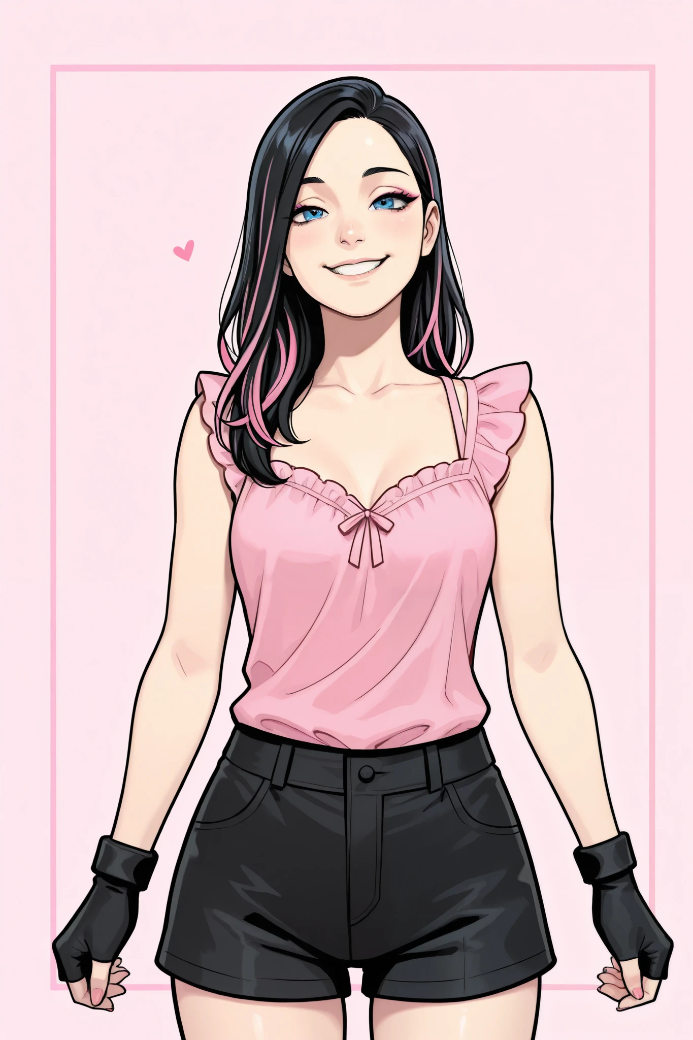 A black-haired girl with some pink highlights, fair skin and blue eyes, she wears a pink sleeveless blouse with a neckline, The blouse is short, She wears LONG DARK FINGERLESS GLOVES, She wears black shorts , she has a mischievous smile