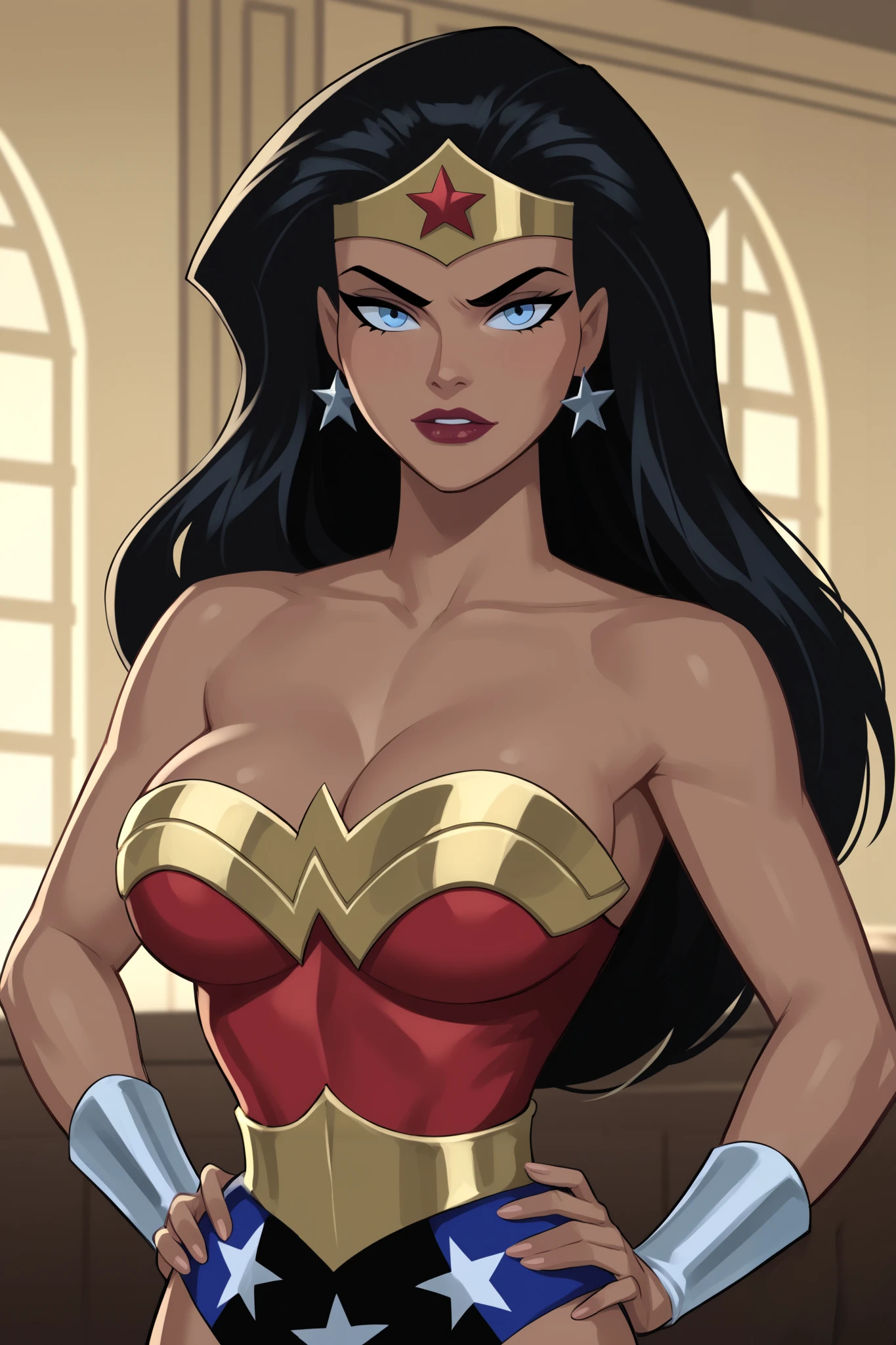 PonyXLV6_Scores BREAK ((parody), perfect anatomy, perfect eyes, cowboy shot), BREAK diana prince, long hair, black hair, blue eyes, lipstick, dark-skinned female, flirting, raised eyebrow, ((looking at viewer)), bare shoulders, cleavage, leotard, tiara, jewelry, star earrings, star print, large breasts, curvy, toned, athletic, seductive pose, hands on hip, indoors