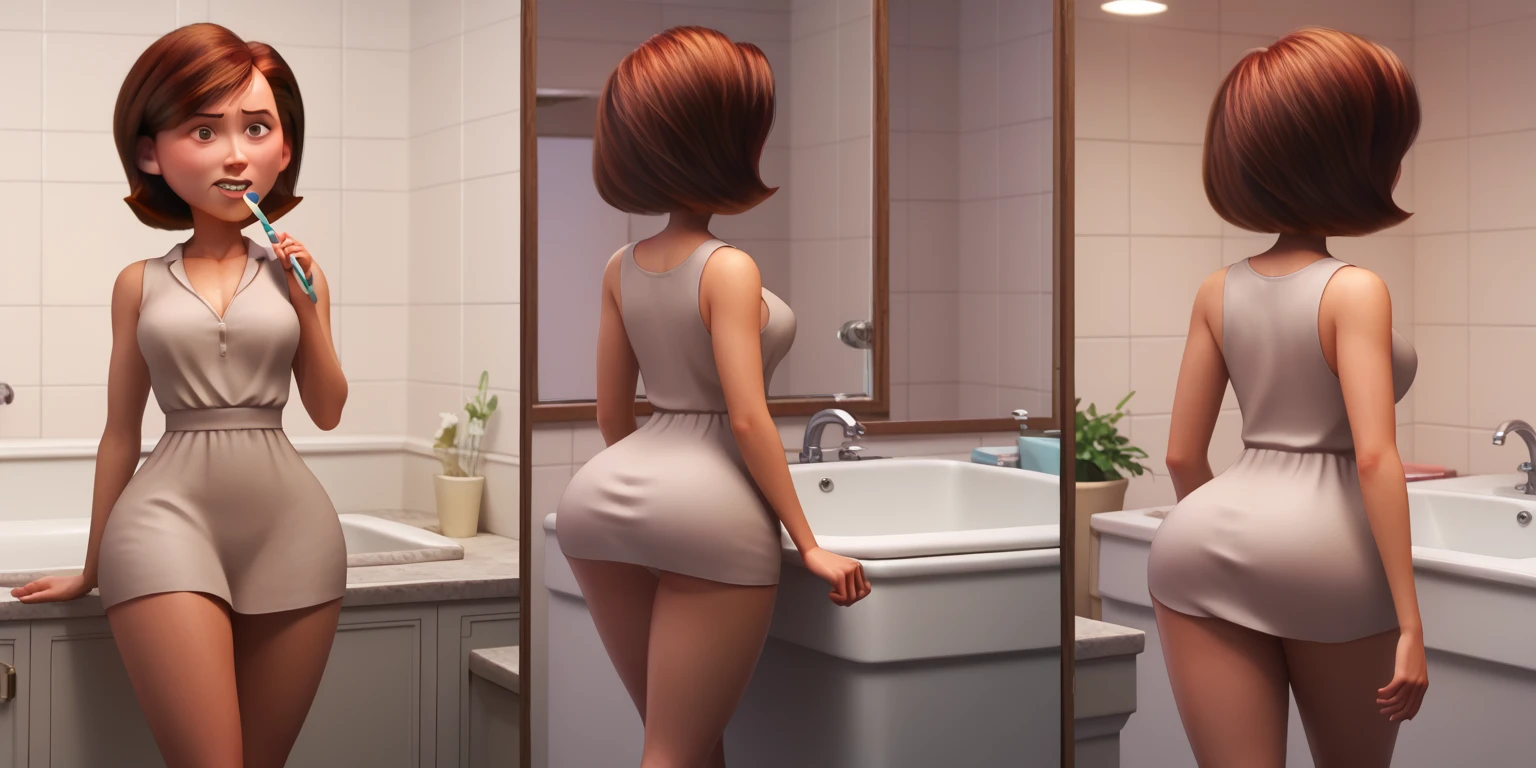 (best quality,ultra-detailed,realistic:1.37),A sexy Asian girl (age 20),big butt,slim waist,tiny outfit,has her back to the viewer,beautiful detailed eyes,beautiful detailed lips,extremely detailed eyes and face,longeyelashes,in extreme distress,desperate and clenching her legs,grabbing her crotch,holding it tight,desperately needing to pee,bathroom urgency,waiting to get in the bathroom,wrinkling her forehead,pressed against the door,crossed legs,curvy body,sensual figure,seductive posture,hoping for relief,expression of discomfort and desperation,tears in her eyes,she is struggling with her bladder,she is in a lot of physical discomfort,her face is flushing,flushed cheeks,slightly bent over,shaky hands,pushing against the door,bathroom access denied,visible discomfort,trying to hold it in,frustration,walking in small steps,wincing,hands on her hips,hips swaying,desire to relieve herself,an urgent situation,her body language indicating pain and urgency.