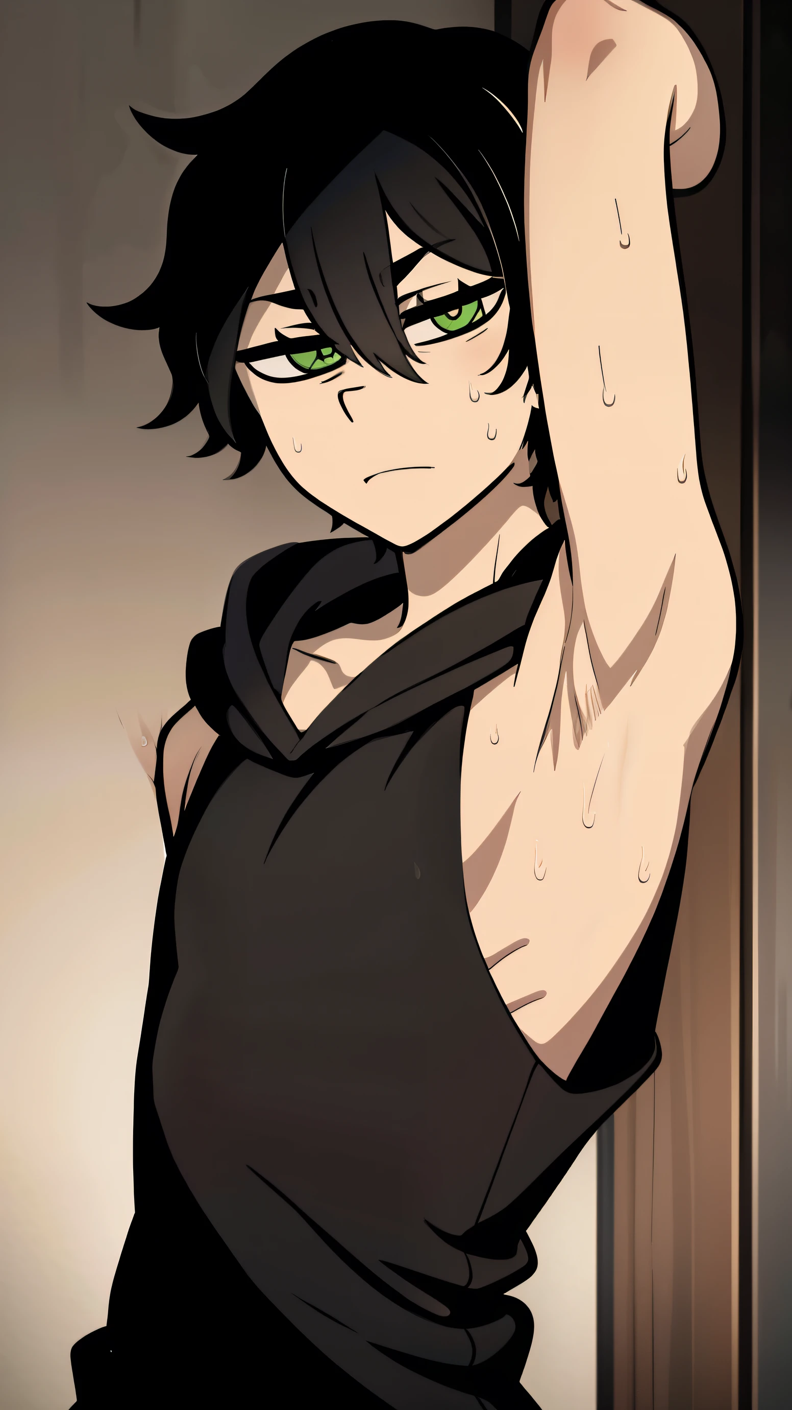 Highres, Masterpiece, Best quality at best,Best Quality,hight quality, hight detailed, Anime style, 1boy, Shota, young boy, Solo person, Young andy graves, hair between eyes, closed mouth,black hair, green eyes, Slim body, messy hair, bright pupils, look at viewer,Sleeveless hoodie, Bare shoulder, Flat chest, upper body, simple beckground, (Showing armpit:1.3), (very young boy), (very small and short body), simple beckground, hansome boy, Uhd, bokeh, sweat