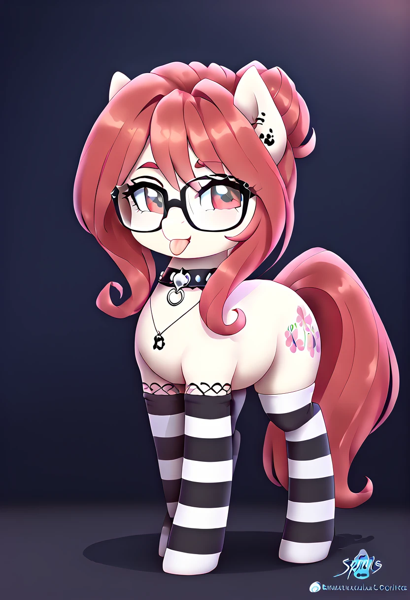radiant lighting, vibrant colors, whimsical atmosphere, 8K, high resolution, highly detailed, masterpiece, (((my little pony))), four stockings, (red hair, white body, red eyes) cute face, tongue out, striped stockings, standing on four hooves, cool glasses, showing butt, ((a lot of tattoo on body:1.3)), goth style, ((sexy panties))