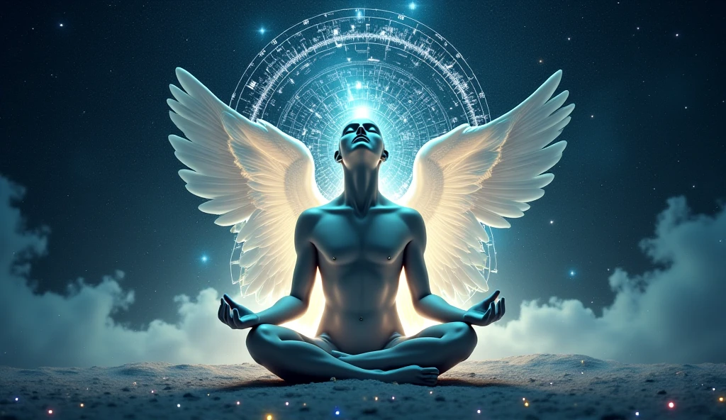 a man sitting in lotus position with a bright light in his hands, bright angelic being, ethereal angelic being of light, spiritual guide angel, emanating with blue aura, infinite angelic wings, on the astral plane ) ) ), mystical energy in the air, channeling mystical energy, radiating rebirth energy, elven angel meditating in space, ethereal!!! ultra realistic