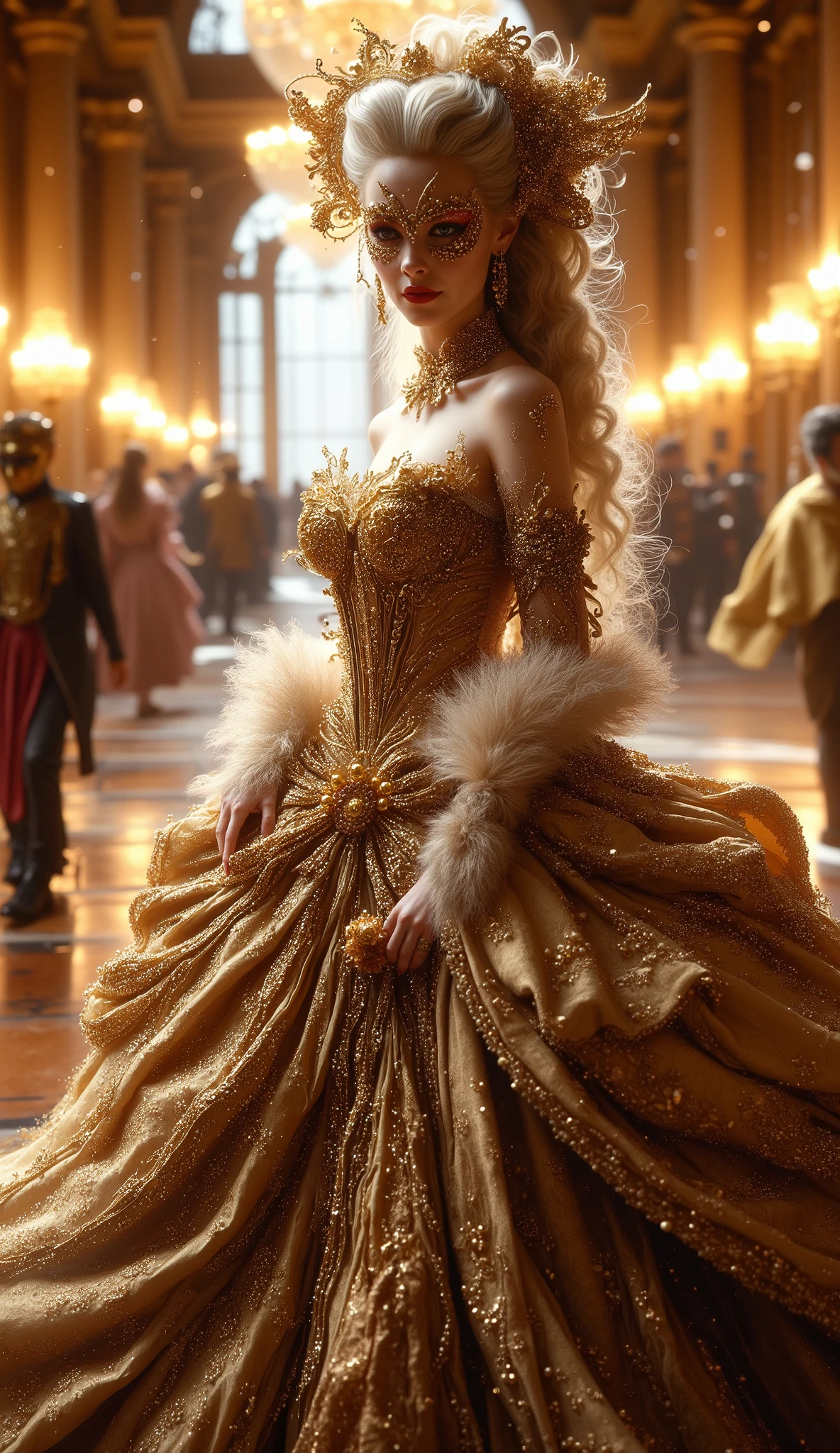 (Best quality, Ultra HD, realistic, detailed , 8k, cinematic, baroque aesthetics, portrait shot medium distance, slight bottom, Versailles ballroom, soft golden light, warm color scheme , high definition, detailed fabric textures, natural skin appearance, bokeh effect in the background, light motion blur for atmosphere, dramatic lighting) **"Marie Antoinette, radiant like a goddess, stands in the middle of a magnificent masquerade ball in Versailles. her skin flawless, ivory-colored, with a touch of rouge on the cheeks. your lips — deep red, their golden mask delicately decorated with ornaments and fine feathers. her hair – piled high, a masterpiece of light blonde curls, almost sky-high, adorned with pearls, gold needles and fine silk ribbons.
Your dress, a work of art from gold-embroidered brocade, finest lace and shimmering fabrics, falls in magnificent waves around her. The expansive skirt is interspersed with artistic embroidery, each fold captures the warm light of the chandelier. her cleavage deep cut, but elegantly hidden behind a richly decorated fan.
The Versailles ballroom is filled with flickering candlelight, music and the soft rustle of opulent garments. Masked guests in the finest clothing dance in lavish splendor, sparkling chandeliers are reflected on the polished marble floors. The sound of silk, the murmuring of voices — a night full of secrets, passion and royal decadence.
Marie Antoinette takes center stage, portrait shot medium distance. A slight smile wraps around her lips, her gaze is on the observer — knowing, challenging, as if this were the beginning of a game, that only she knows how to control."** high resolution, blonde hair, hair accessories, jewelry, Anatomically correct, high quality,