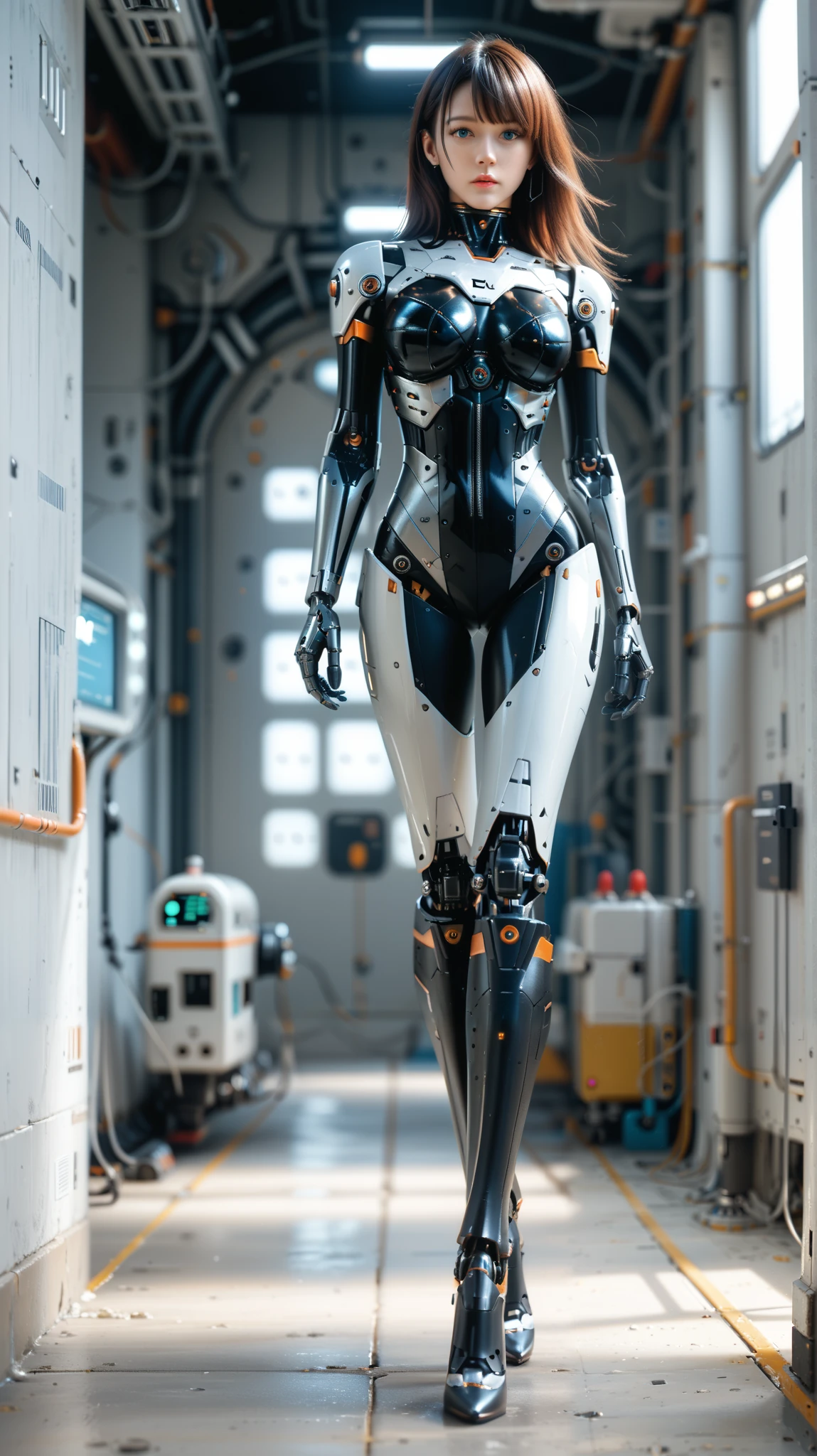 (((masterpiece))), (realism, realism texture, (science fiction, distant future), (top Quality, High Quality, top resolution, high resolution, (ultra detailed, high detailed))), (beautiful robot girl:1.3), (she is incredible machine:1.4), (beautiful face), (thin lips, wide mouth), blue lighting eyes, (black robot armor:1.4), machine frame, (robot legs, high heels, (mechanical hands)), (robot joint), (robot neck joint:1.3), (machine parts, electronic component, complete parts:1.4), frame of perfect machine, (Let hair down, straight hair:1.3), Expressionless face, (full body shot), (closed mouth), (laboratory), walking