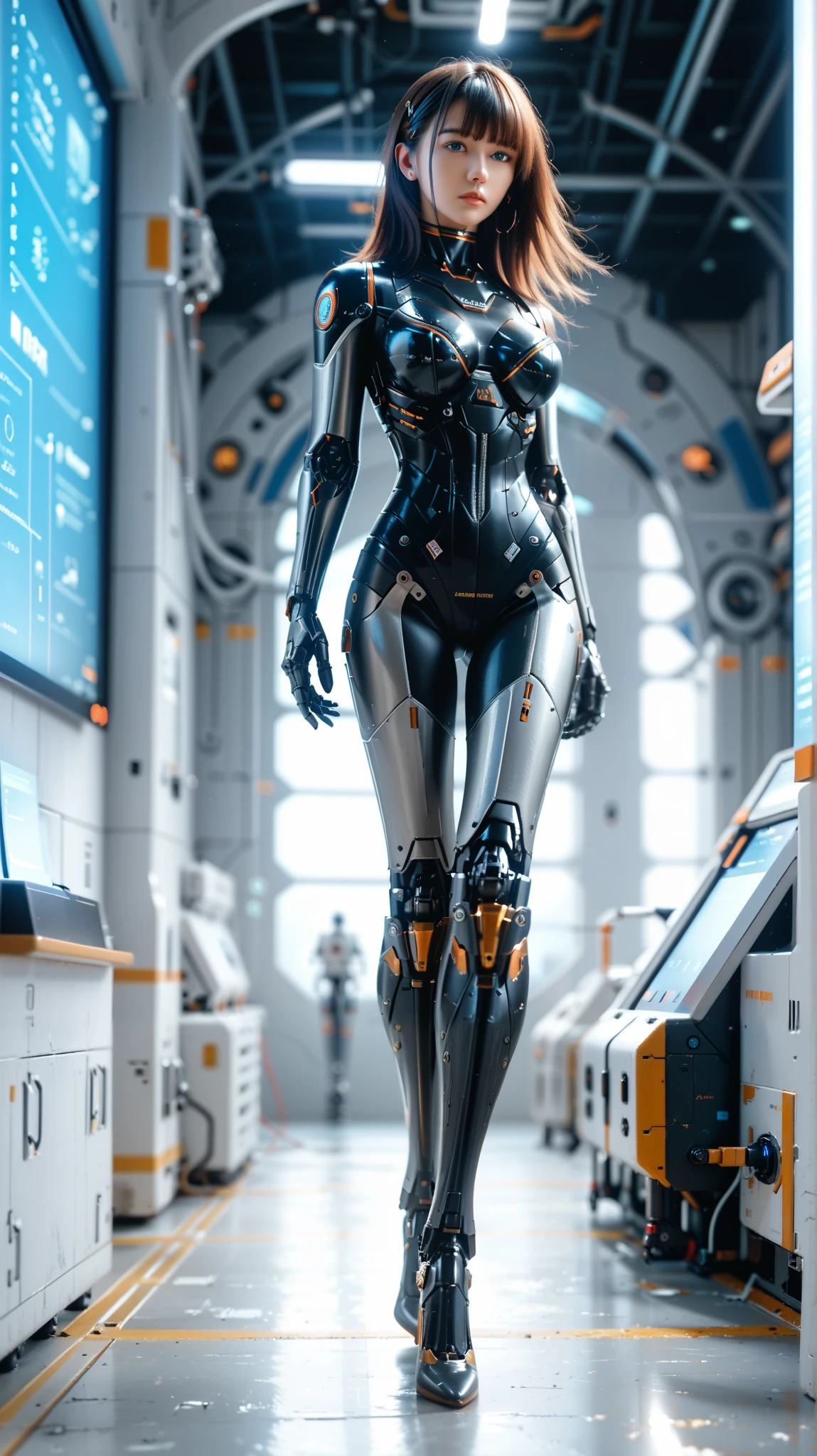 (((masterpiece))), (realism, realism texture, (science fiction, distant future), (top Quality, High Quality, top resolution, high resolution, (ultra detailed, high detailed))), (beautiful robot girl:1.3), (she is incredible machine:1.4), (beautiful face), (thin lips, wide mouth), blue lighting eyes, (black robot armor:1.4), machine frame, (robot legs, high heels, (mechanical hands)), (robot joint), (robot neck joint:1.3), (machine parts, electronic component, complete parts:1.4), frame of perfect machine, (Let hair down, straight hair:1.3), Expressionless face, (full body shot), (closed mouth), (laboratory), from side, dutch angle shot, walking