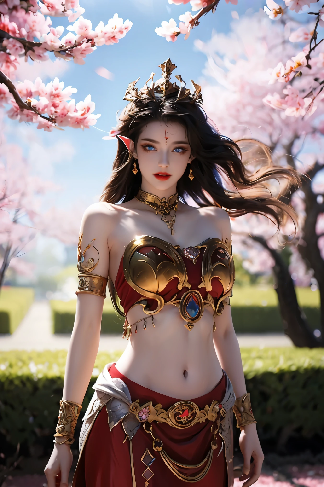 One 20 year old girl, breast 1.1, navel,upper body,bare shoulders,wears red tube top,red skirt, blue gems,shiny skin,hand in own hair,(mature female),milf,cai lin, deep blue eyes, jet black long hair, 8k resolution high quality,background: around the garden surrounded by Sakura trees with fluttering sakura petals, from head to thighs, hourglass figure, bare round shoulders, exposed midriff, a tilak on her forehead,ornamental logo on her forehead, snake crown, necklace, earings with blue gem, long black hair bangs, pointy ears,golden bracelet,Bright lightening under the sun through sakura canopy. High quality 16k resolution,( HDR :1.5), cinematic look, ultra-detailed,ultra lightening, (photorealistic :1.2), long thin straight eyelashes, dense black eyelashes,sharp eyes, diamond shaped head, straight nose, closed heart shaped lips, lean in pose