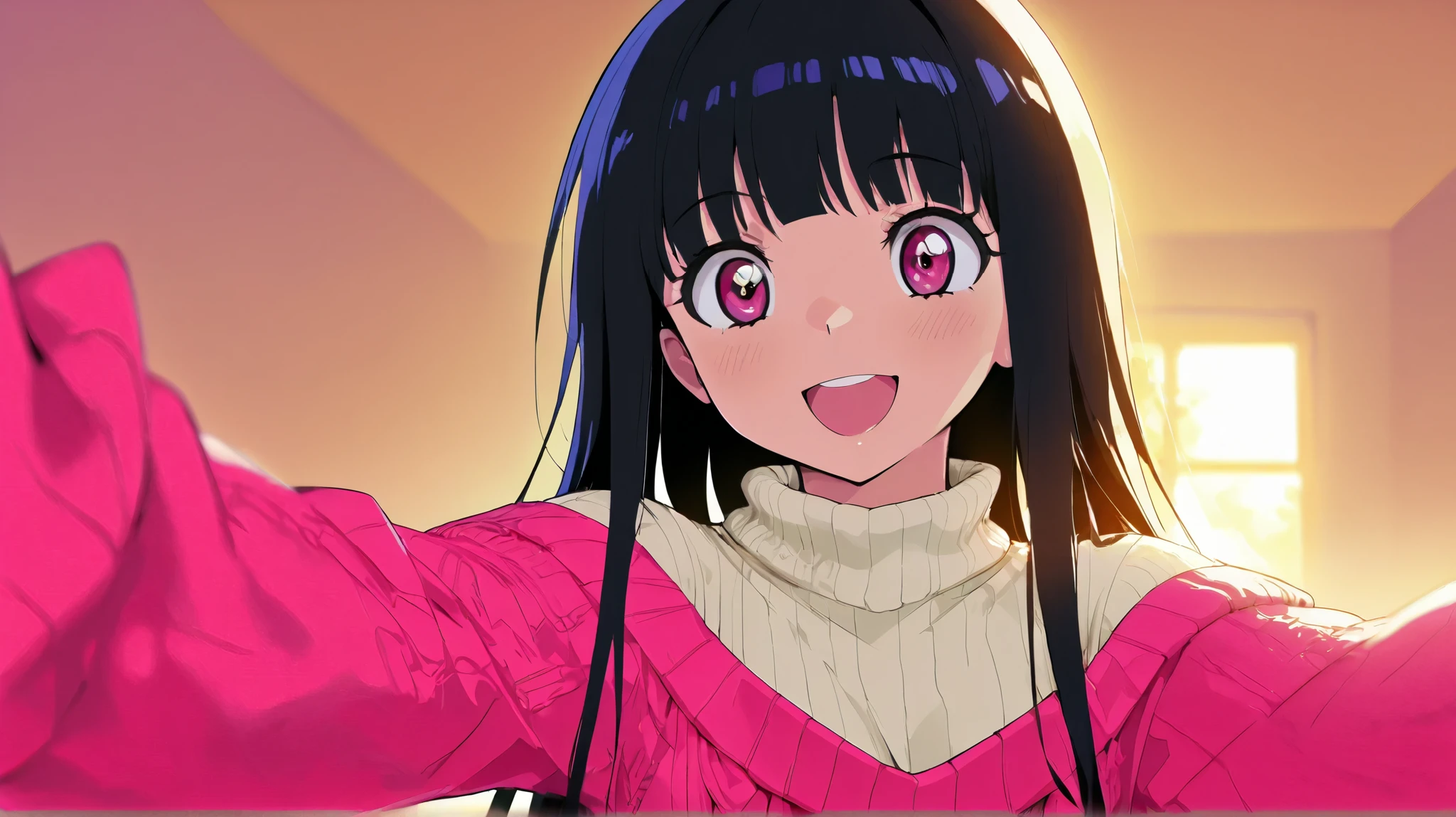 NFSW, one woman、 popup、sweater style、 Excited、long black hair、