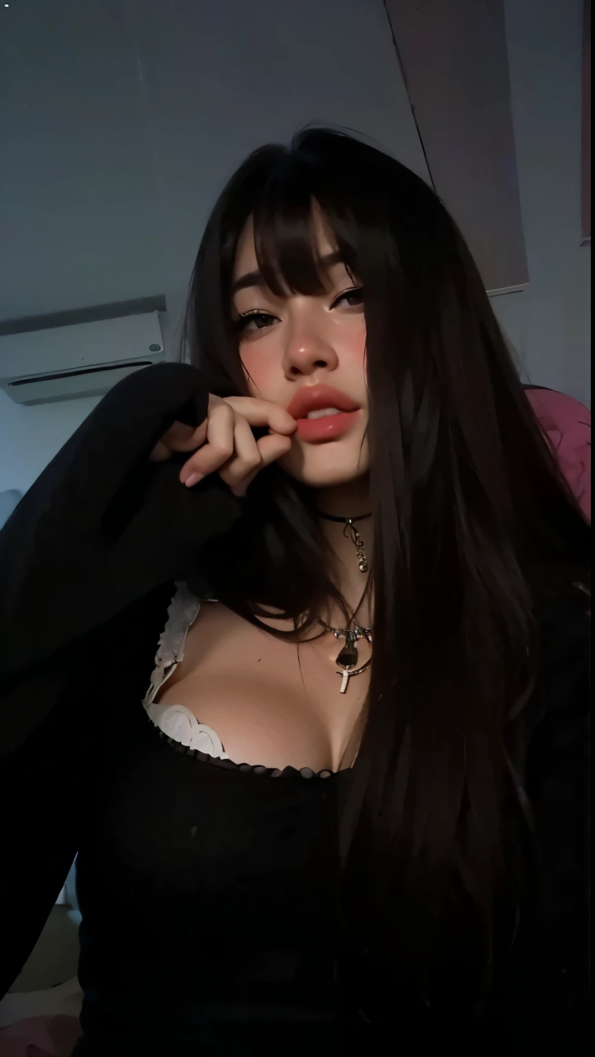 (Please generate an image of a young woman wearing a low cut unbuttoned tight shirt and necklace. She has brown hair, and a subtle, natural makeup. The photo should show that she has no obvious makeup, She should look directly into the camera. The face should look real and natural. Full body shots of this attractive woman should feature eye-catching poses, She has sharp blue eyes. The girl has a sweet temperament, And the posture should be sweet too. Please make sure the woman&#39;s entire body is visible in the image. The background should be clear、Neatness. The details of the image should be of high quality(Best quality at best)), ((tmasterpiece)), (Detailed pubic hair), s the perfect face