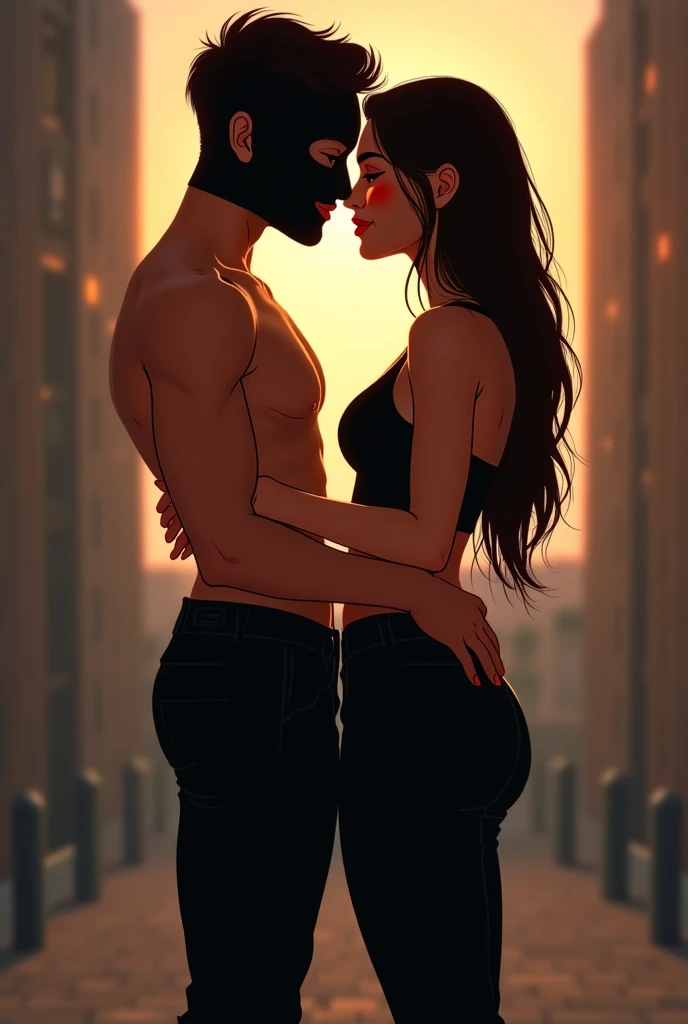 a girl with light brown skin, green eyes and curly brown hair with a lush body next to her is a muscular and handsome man with dark blue eyes and raven hair. Making love in front of a lot of people, They both wear masks