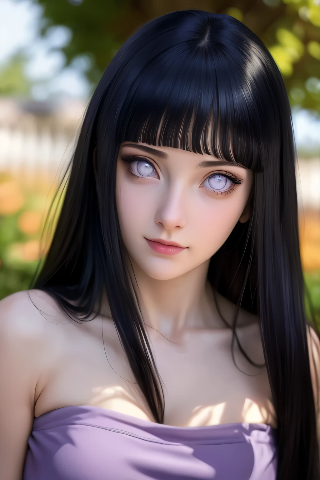 masterpiece, cinematic look, breast :1.1, HDR : 1.2, ultra lightening, ultra detailed, high quality 8k resolution, background: in garden of purple petal trees, highly detailed image, light hearted smirk, navel,body image from head to thighs, HinataNS, Hinata hyuga, from anime Naruto,midriff, hair bangs, long hair,hourglass figure, realistic,
created a masterpiece, with a design similar to a realistic version of the character in the anime Naruto Shippuden (Hinata Hyuga), character details,She has a delicate appearance and gentle expressions,pearl coloured pupils,shiny skin,clothes: she wears lavender coloured small tube top with deep neckline, mini skirt, revealing cleavage,pose : standing with hand in hair pose, looking at viewer