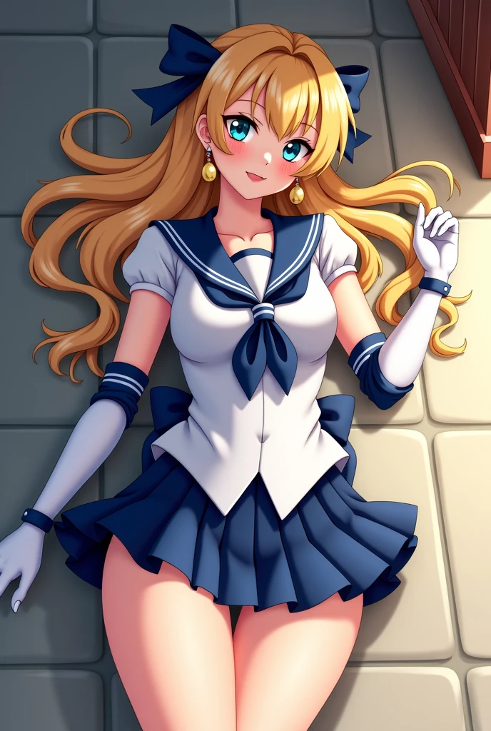 (Highest quality:1.1), (masterpiece:1.4), (Absurd:1.0), Portraiture, close,One girl, Sailor Uranus, Relationship, Mature Woman, Small breasts, Aqua Eye, Blonde, Sailor Warrior Uniform, Sailor collar, Chest Bow, Buck Bow, Pleated skirt, White elbow gloves, Big Ass, Ultra mini skirt , jewelry, Earrings, Lying on the floor, Show your ass, Micro Thong Butt, Very sexy , Nice ass. (Lying on the floor) Chain around the neck, Slave Girl.