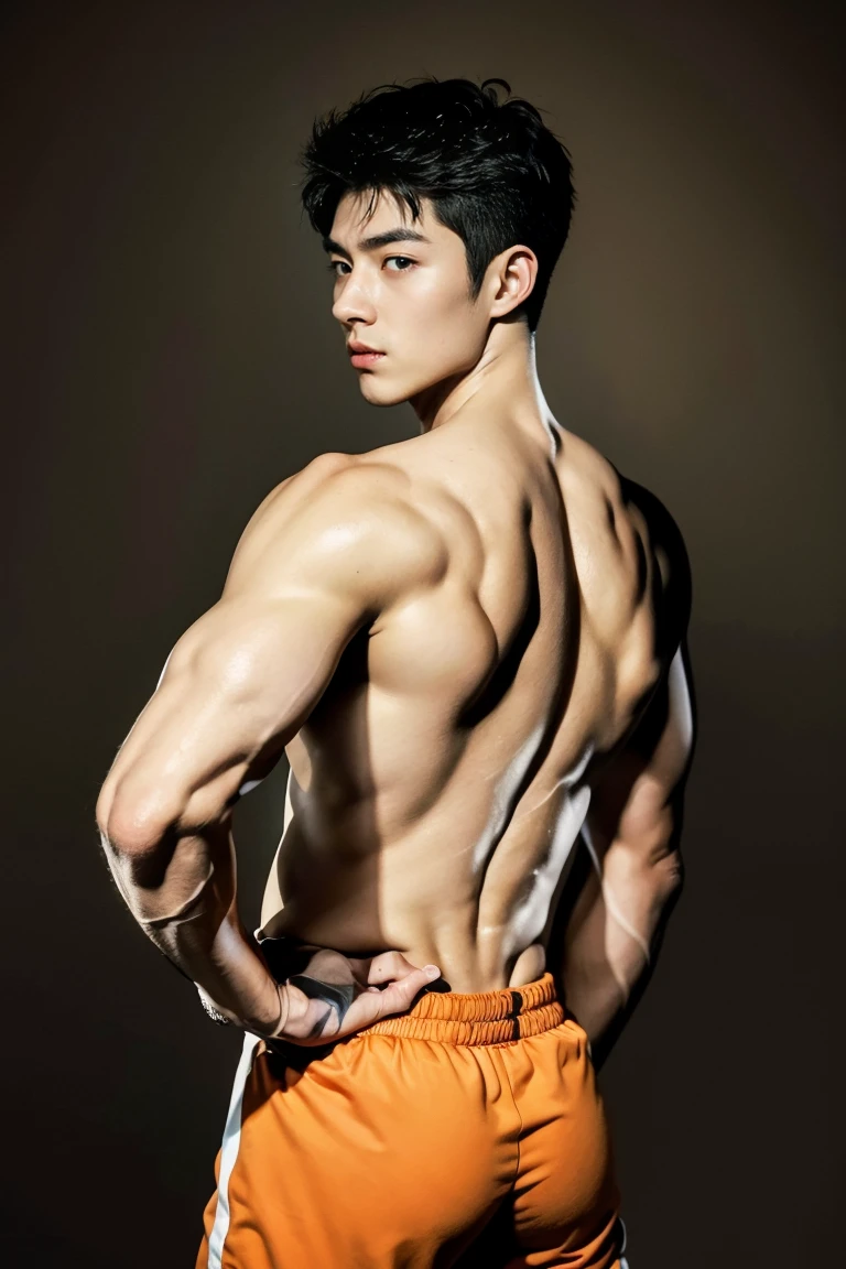 Masterpiece, Best Quality, Solo, Asian Model Men, big muscular, wide shoulder, big triceps, studio simple background, Natural eyes, Short and delicate black hair, Sexy Man, looking up at the viewer, shirtless, sexy bikini, huge bulge, Small plots, Standing, Muscular posture, pubes