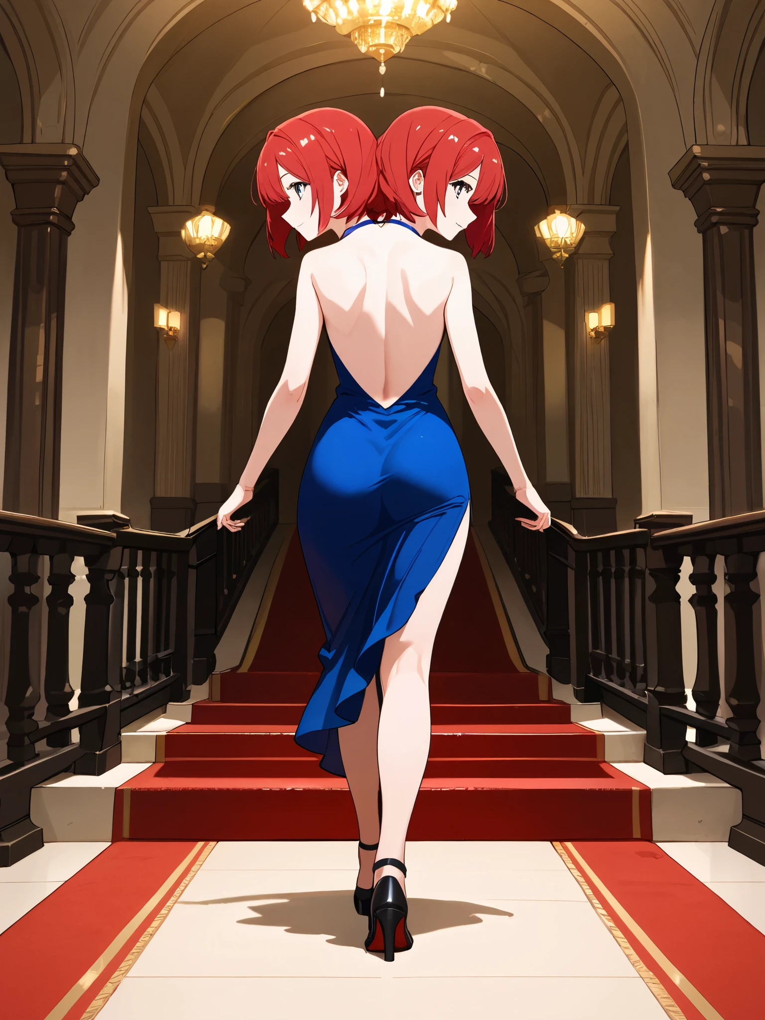 anime girl with two heads, red hair, blue backless dress, posing along a walkway, view from behind