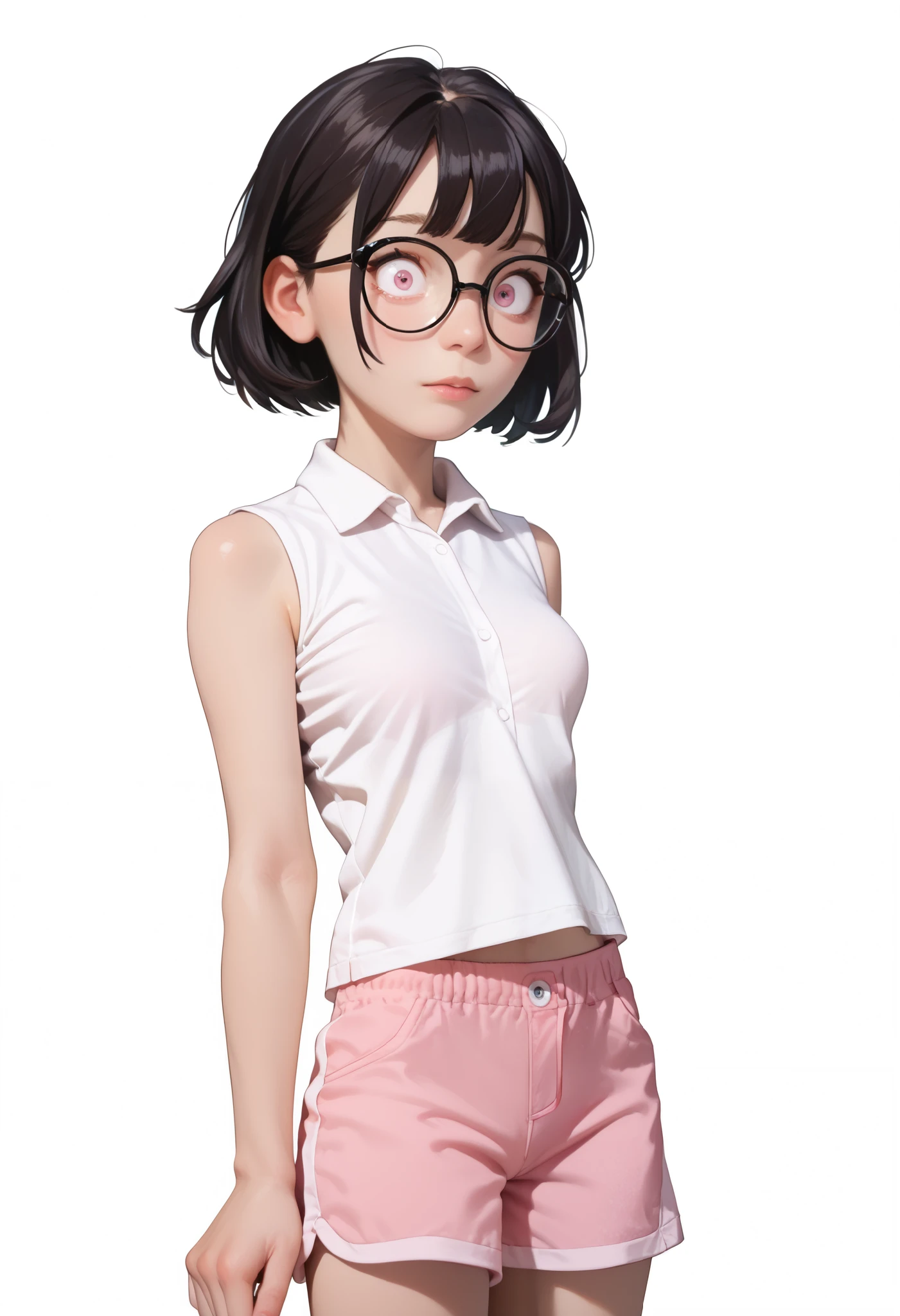 ((White background)) ((Russian girl)) (solo), 1 girl ,((30 years old)), rathing_questionable (White sleeveless collared T-shirt:1.4) (pink shorts:1.2), (black short hair), (narrow-eyed) pink eye , ((small breasts)) ((thin:0.4))tall , black frame glasses ,