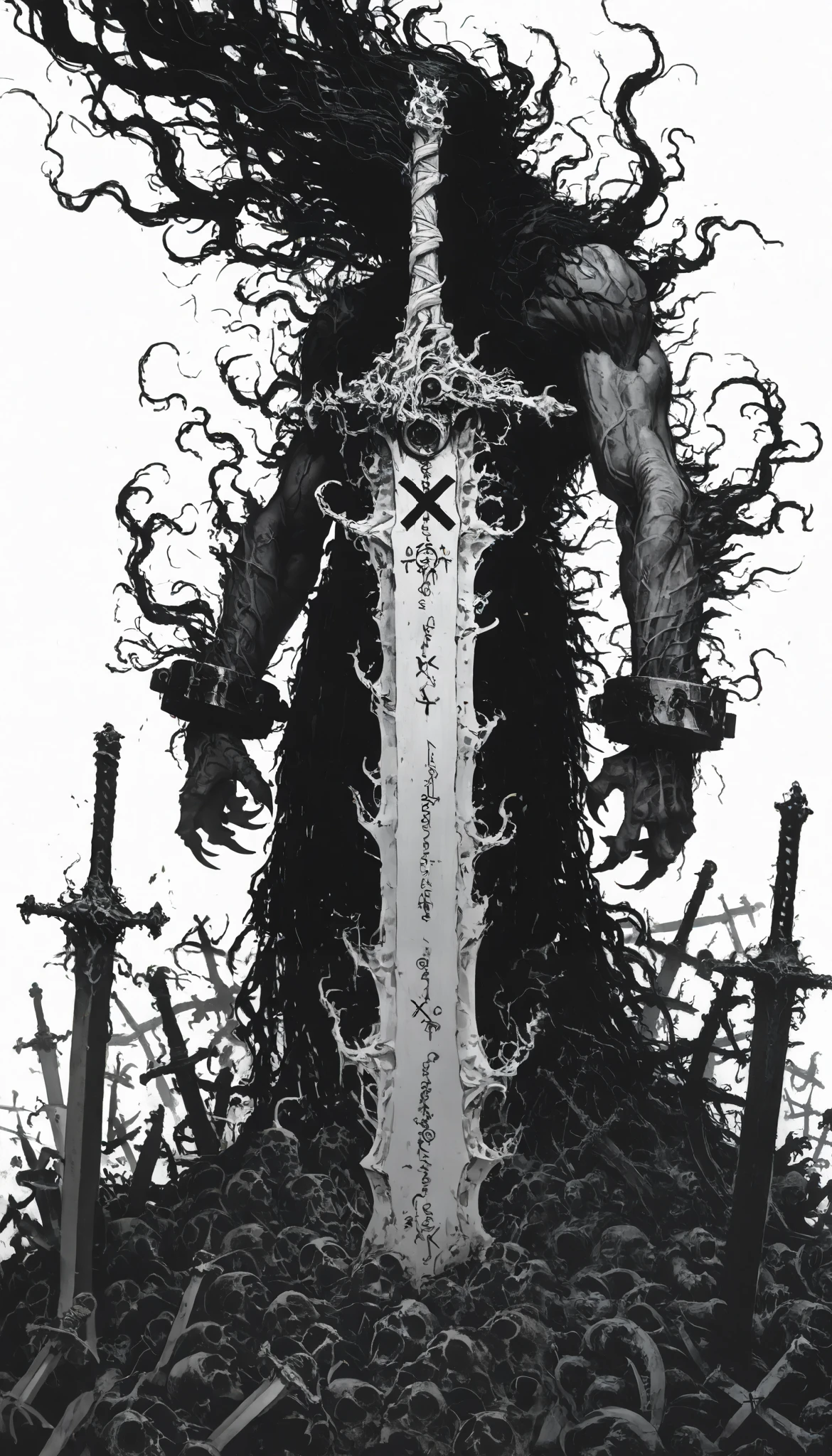 1 number ,drawing with black watercolors on a white background,arms in the shape of x, Heroic pose ,epic, clenched fists ,steel claws sticking out from between the cuffs,colossal sword,Sword with Trapped Souls,(Faces in agony inside the sword)