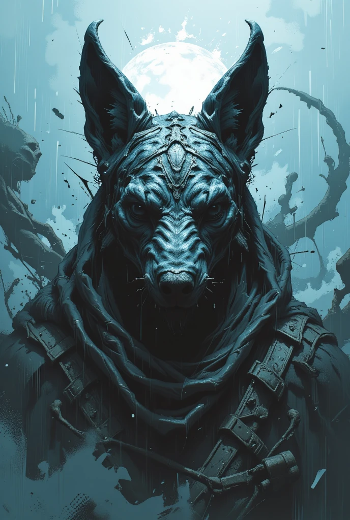 creature00d, shaman, demonpunk, ghost story, Detailed, paw print background, film grain, <lora:creature00d-000010:1>