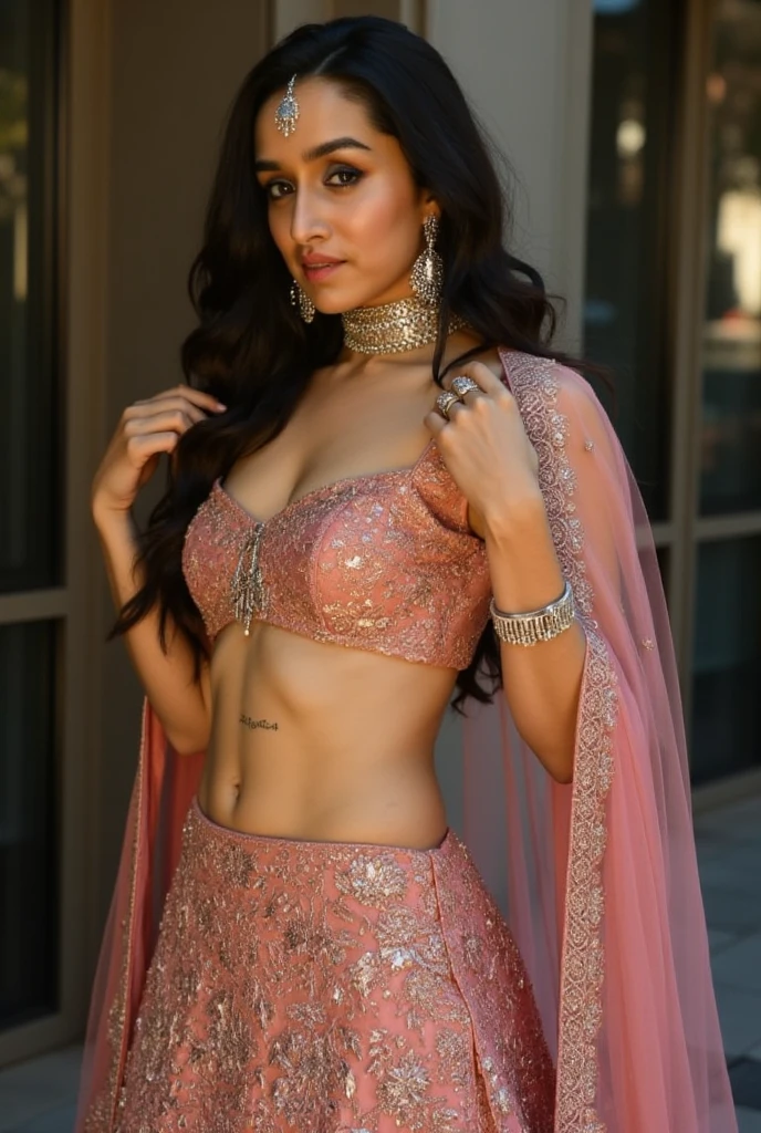 Rashmika mandana adorned in a vibrant lehenga choli set, round deep navel, eyes symmetry, face symmetry, HDR, bold and rich colors, intricate embellishments, and festive accessories for a celebratory look, HDR
