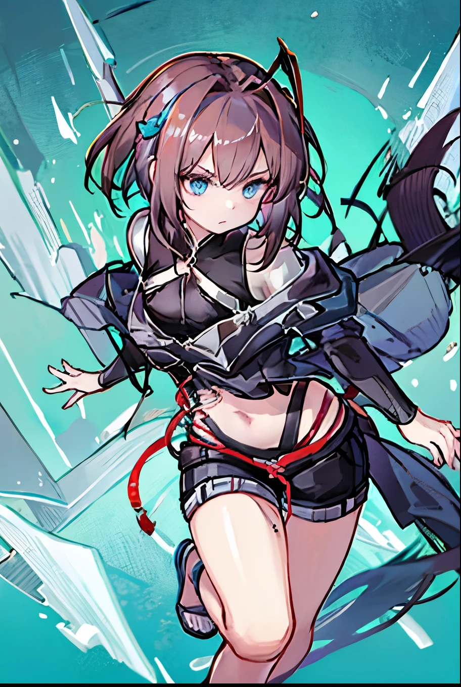 [ Alta calidad] Wiš'adel   (arcane)  small dark blue horns , turquoise blue eyes, Long hair tied in a ponytail,  dark brown hair ,  big breasts, dagger in the hand in defense position ,  shorts with a chain around the hips, short shirt, turquoise blue stencion,  brown hair, hair tied with a tail , Full media image, bottom: Destroyed City Cloudy, dagger in the hand at chest height, Muzlos slippers-length